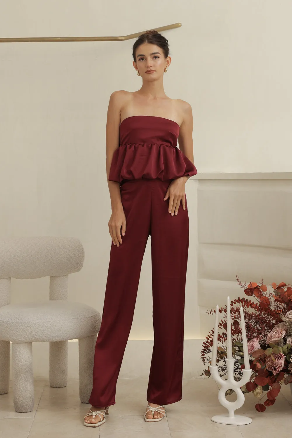 REMI PANT SET Strapless Peplum Top and Straight Cut Pant (Maroon Silk Crepe)