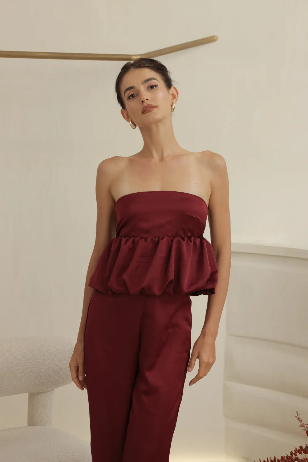 REMI PANT SET Strapless Peplum Top and Straight Cut Pant (Maroon Silk Crepe)