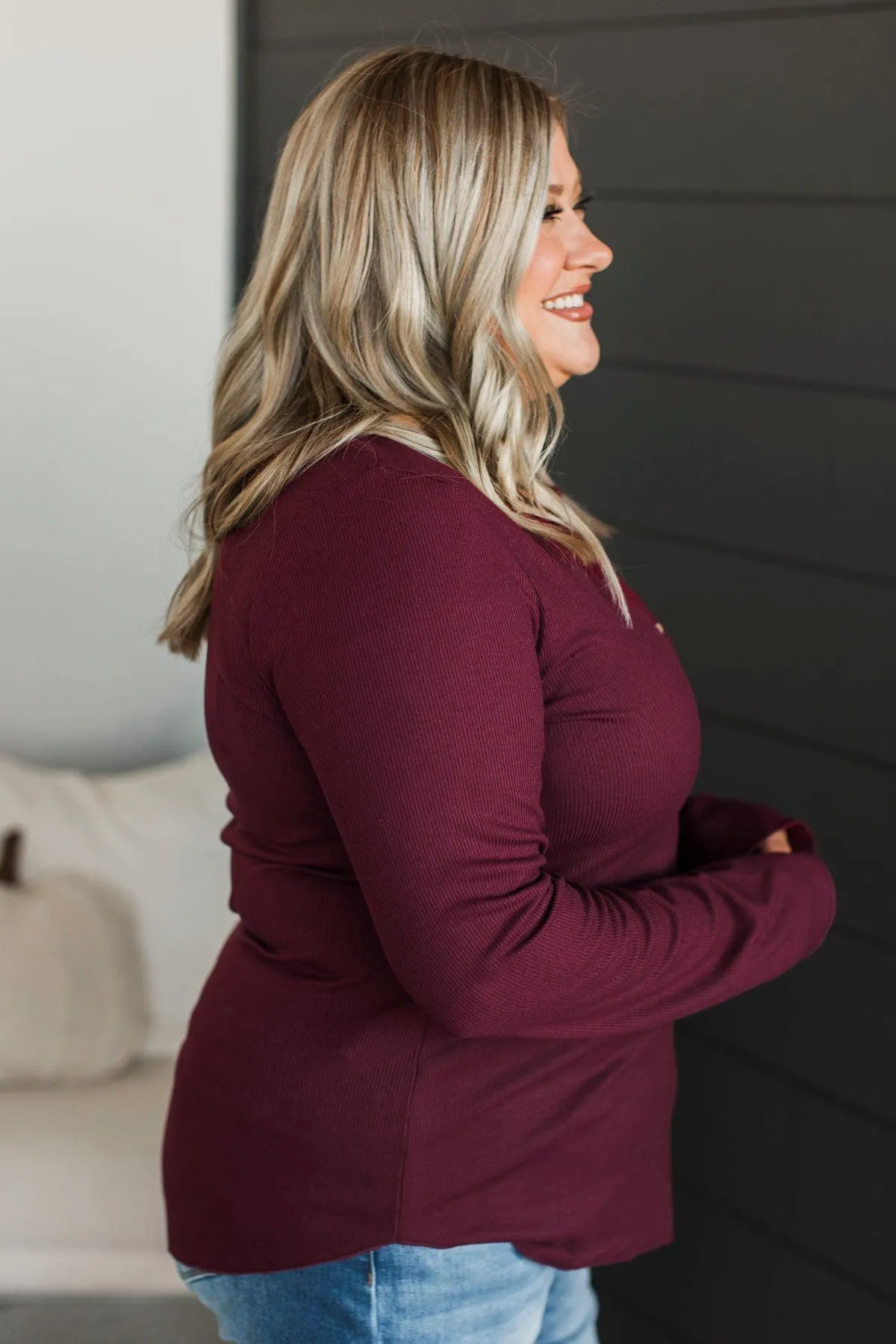 Rise To The Top Knit Henley Top- Burgundy