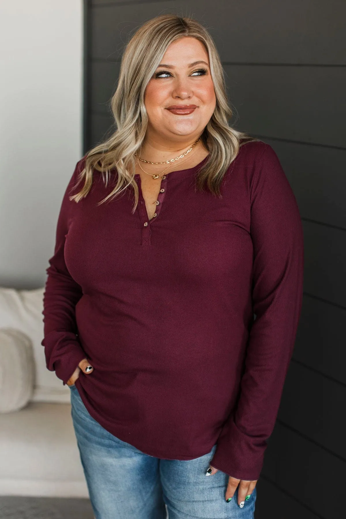 Rise To The Top Knit Henley Top- Burgundy
