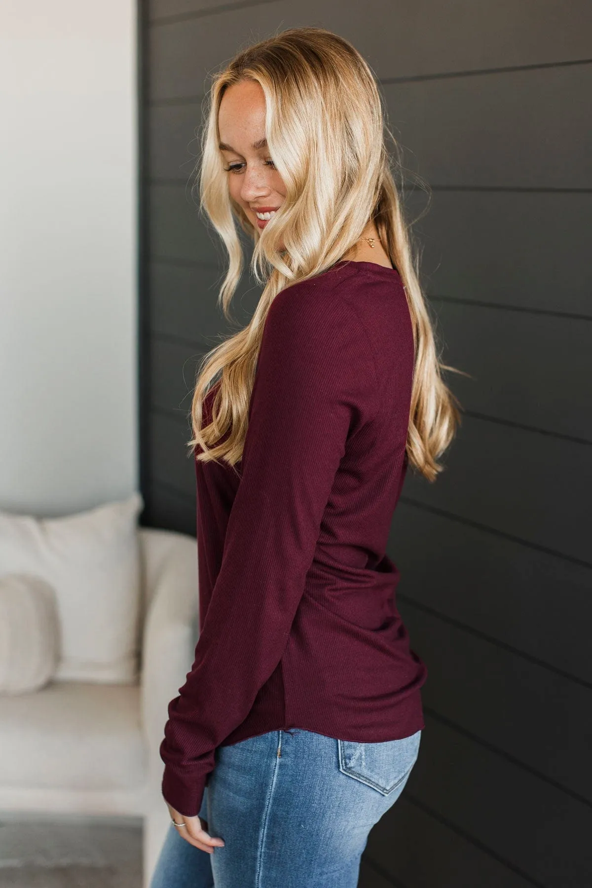 Rise To The Top Knit Henley Top- Burgundy
