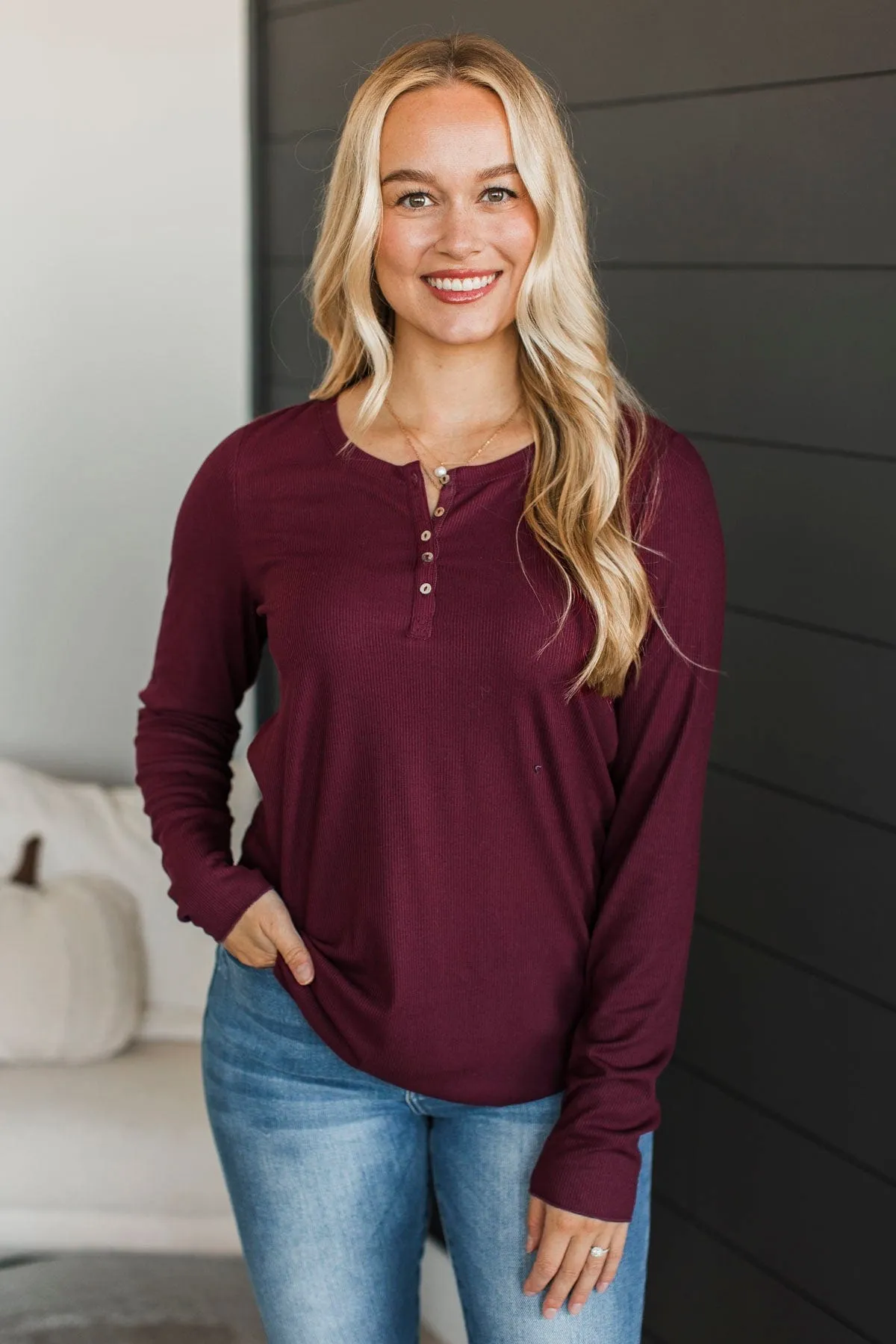 Rise To The Top Knit Henley Top- Burgundy