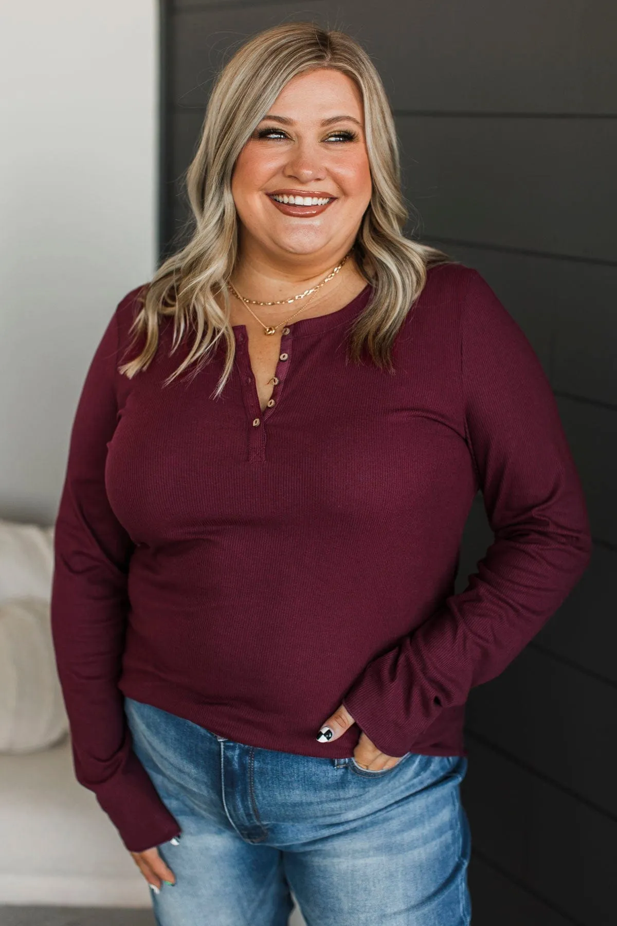 Rise To The Top Knit Henley Top- Burgundy