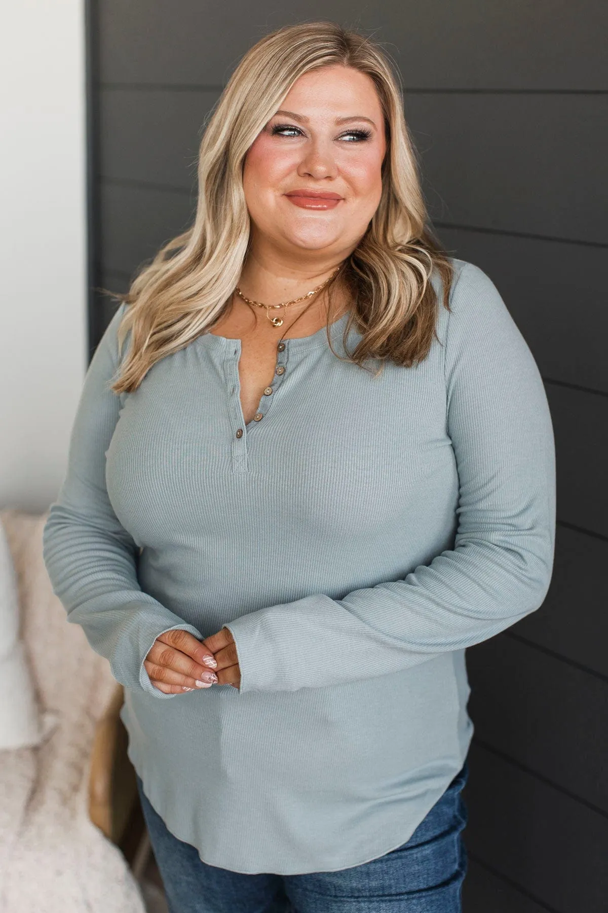 Rise To The Top Knit Henley Top- Dusty Blue