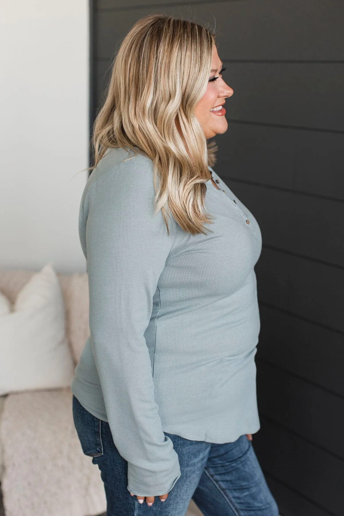 Rise To The Top Knit Henley Top- Dusty Blue