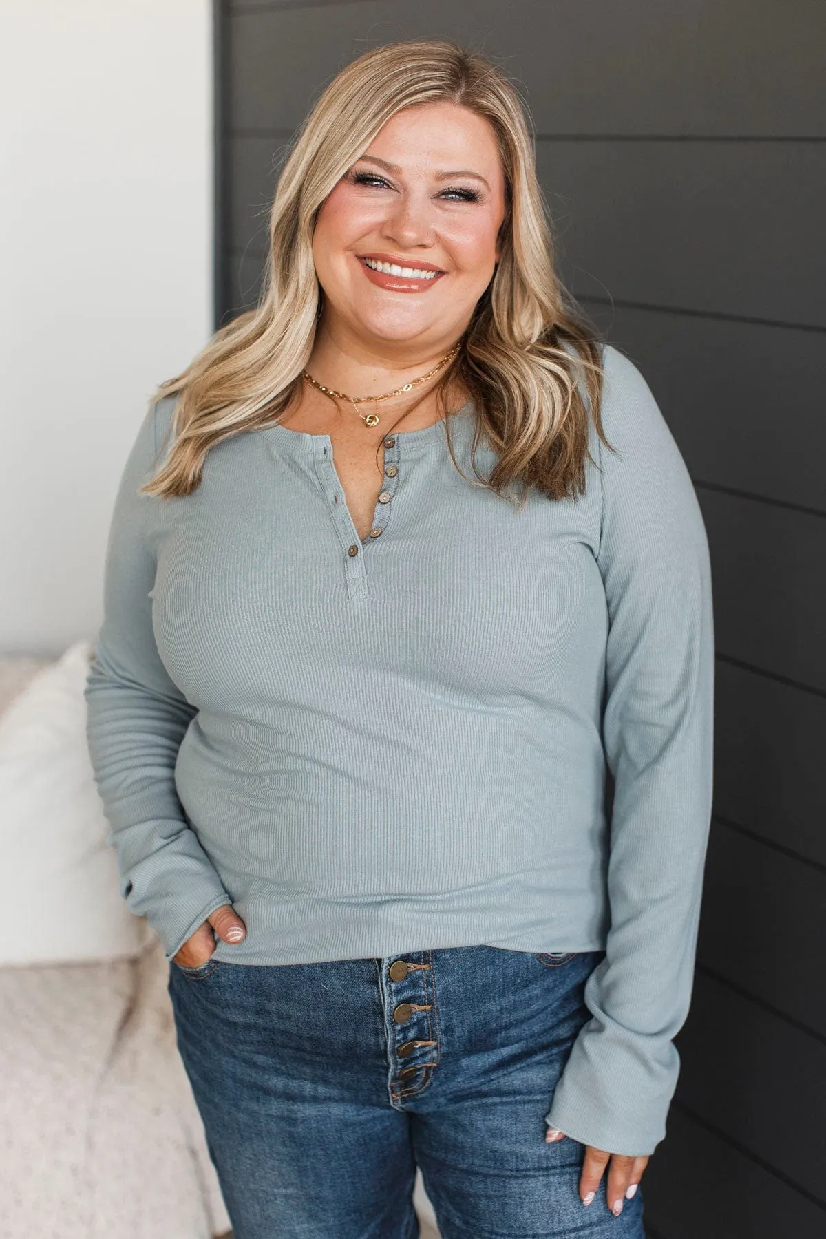 Rise To The Top Knit Henley Top- Dusty Blue