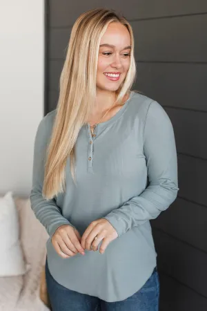 Rise To The Top Knit Henley Top- Dusty Blue