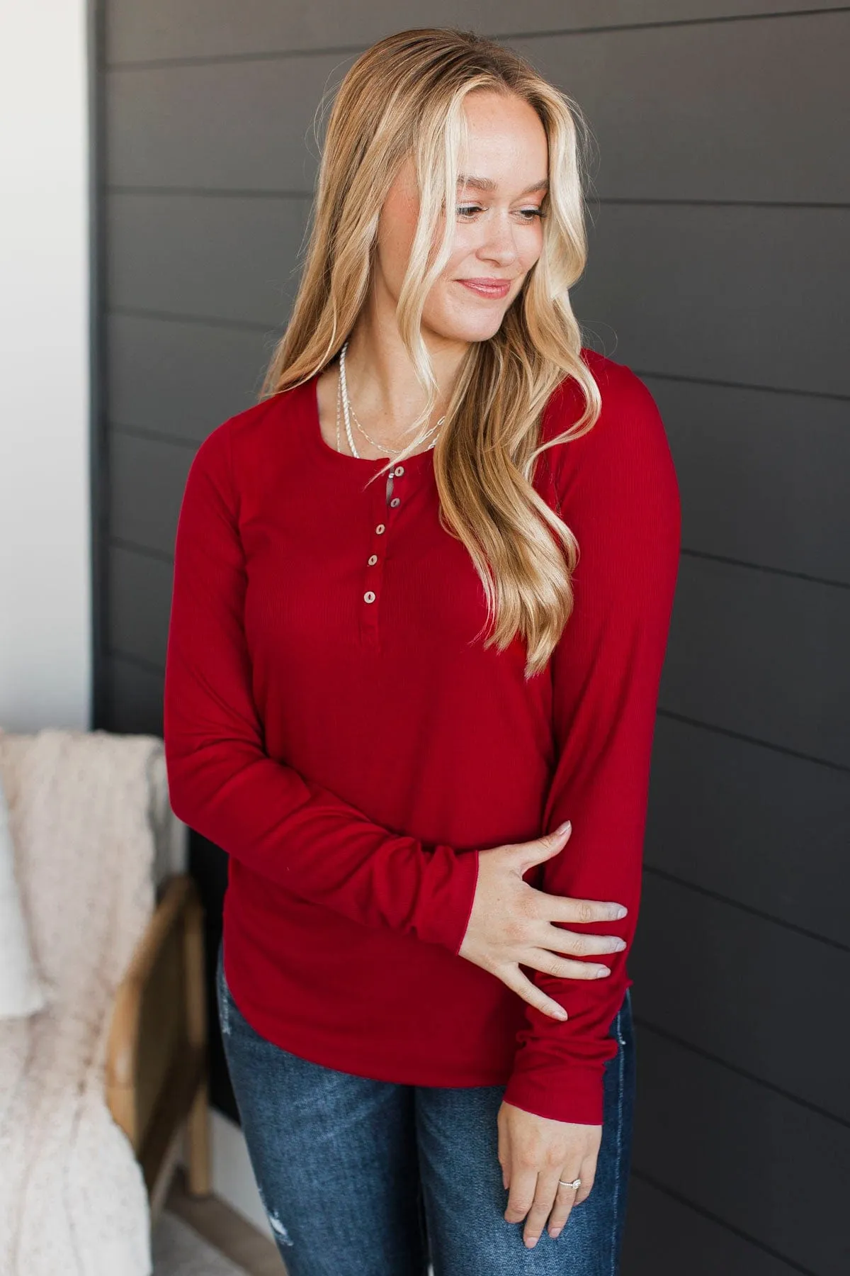 Rise To The Top Knit Henley Top- Red