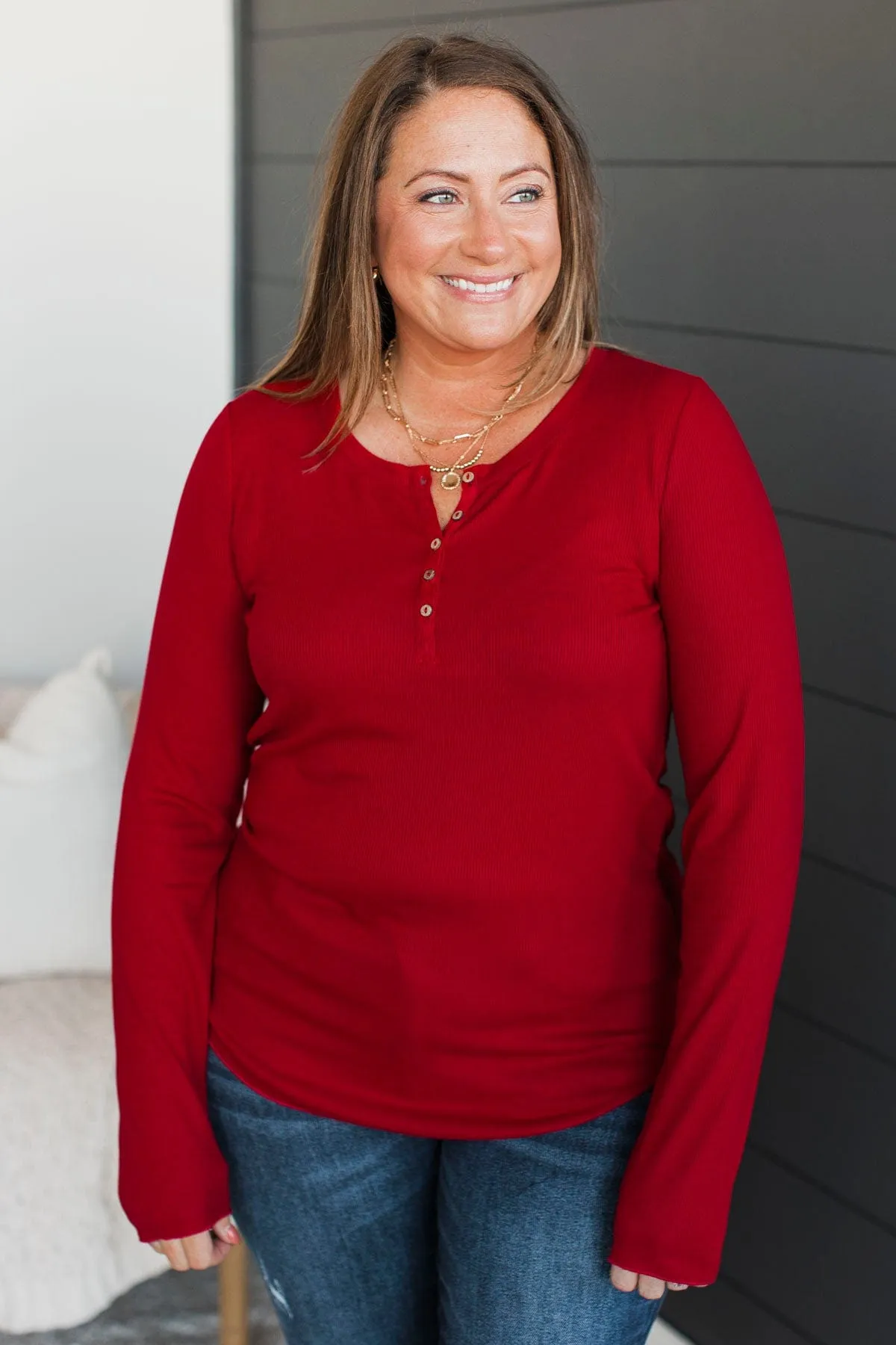 Rise To The Top Knit Henley Top- Red