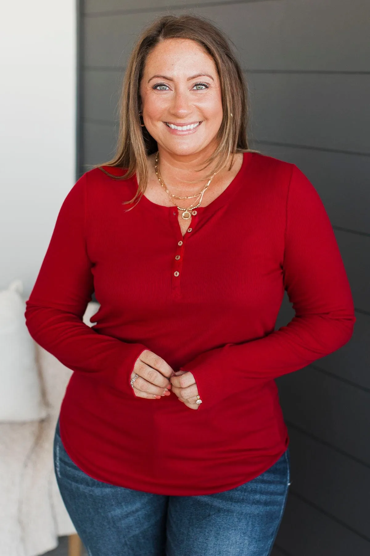 Rise To The Top Knit Henley Top- Red