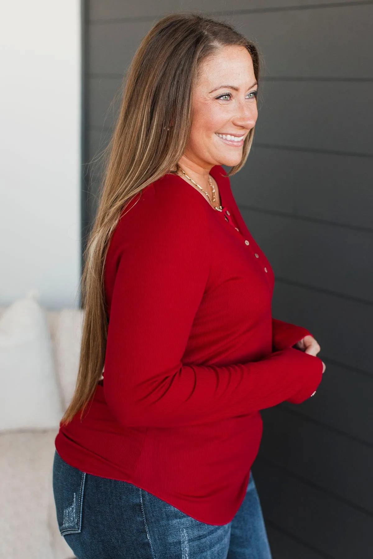 Rise To The Top Knit Henley Top- Red