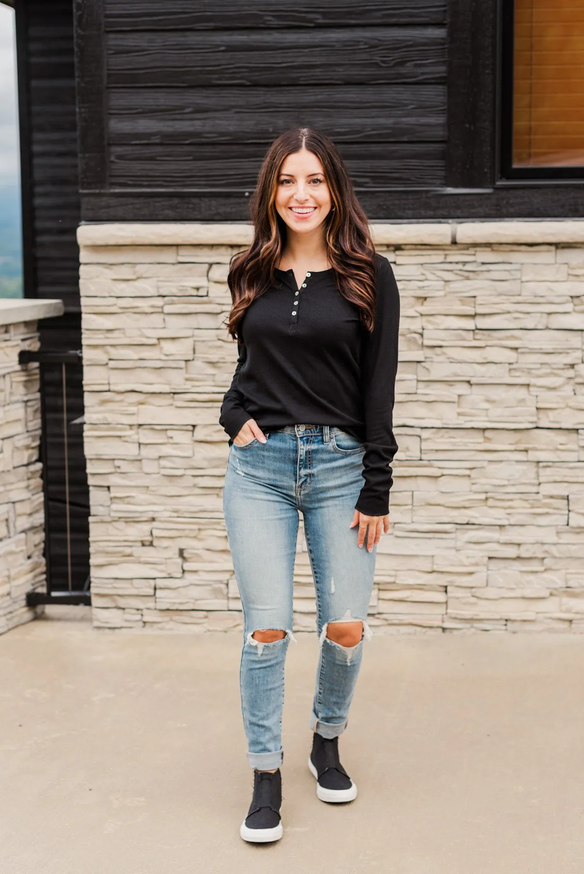 Rise To The Top Long Sleeve Henley Top- Black