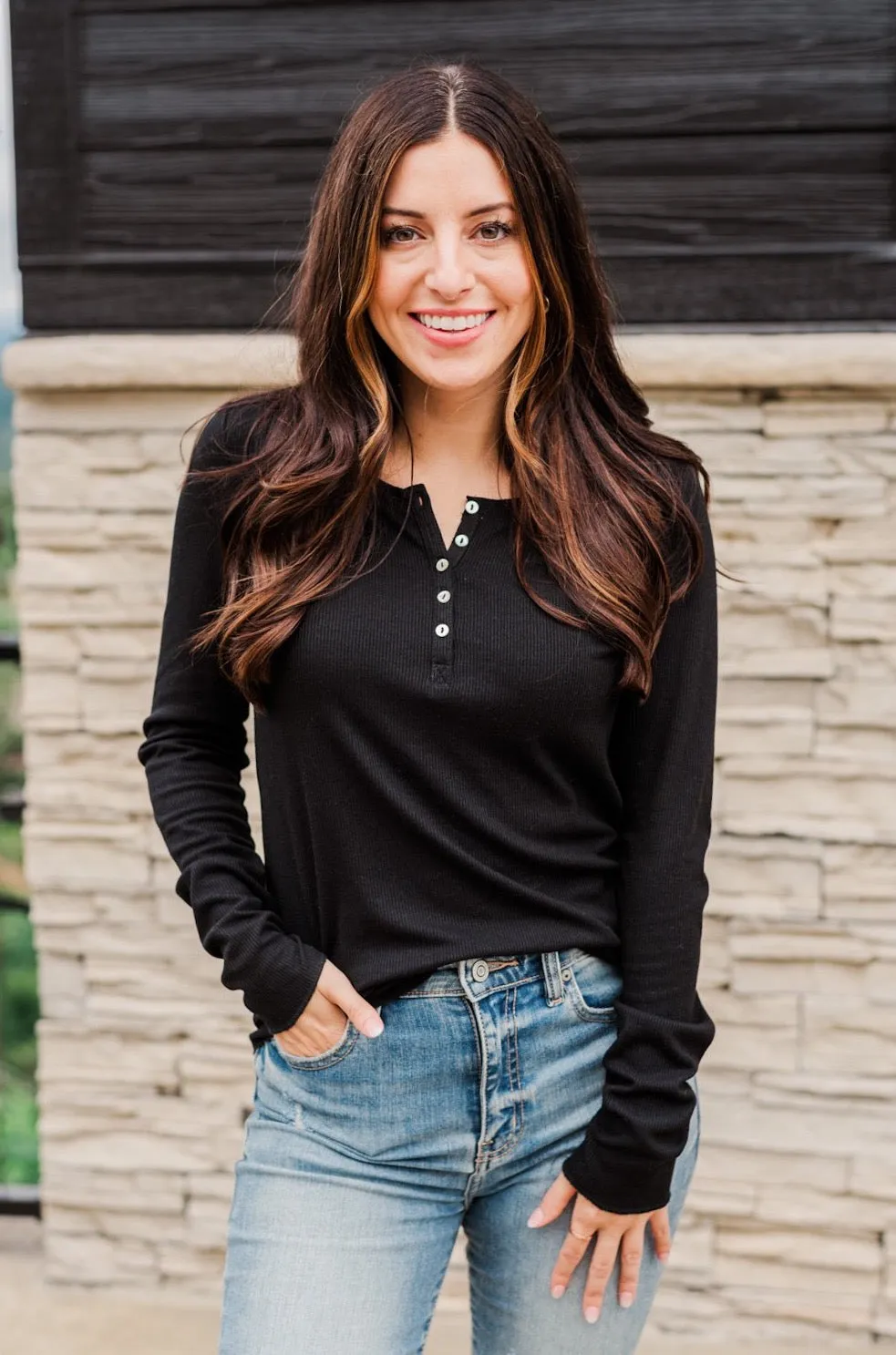 Rise To The Top Long Sleeve Henley Top- Black