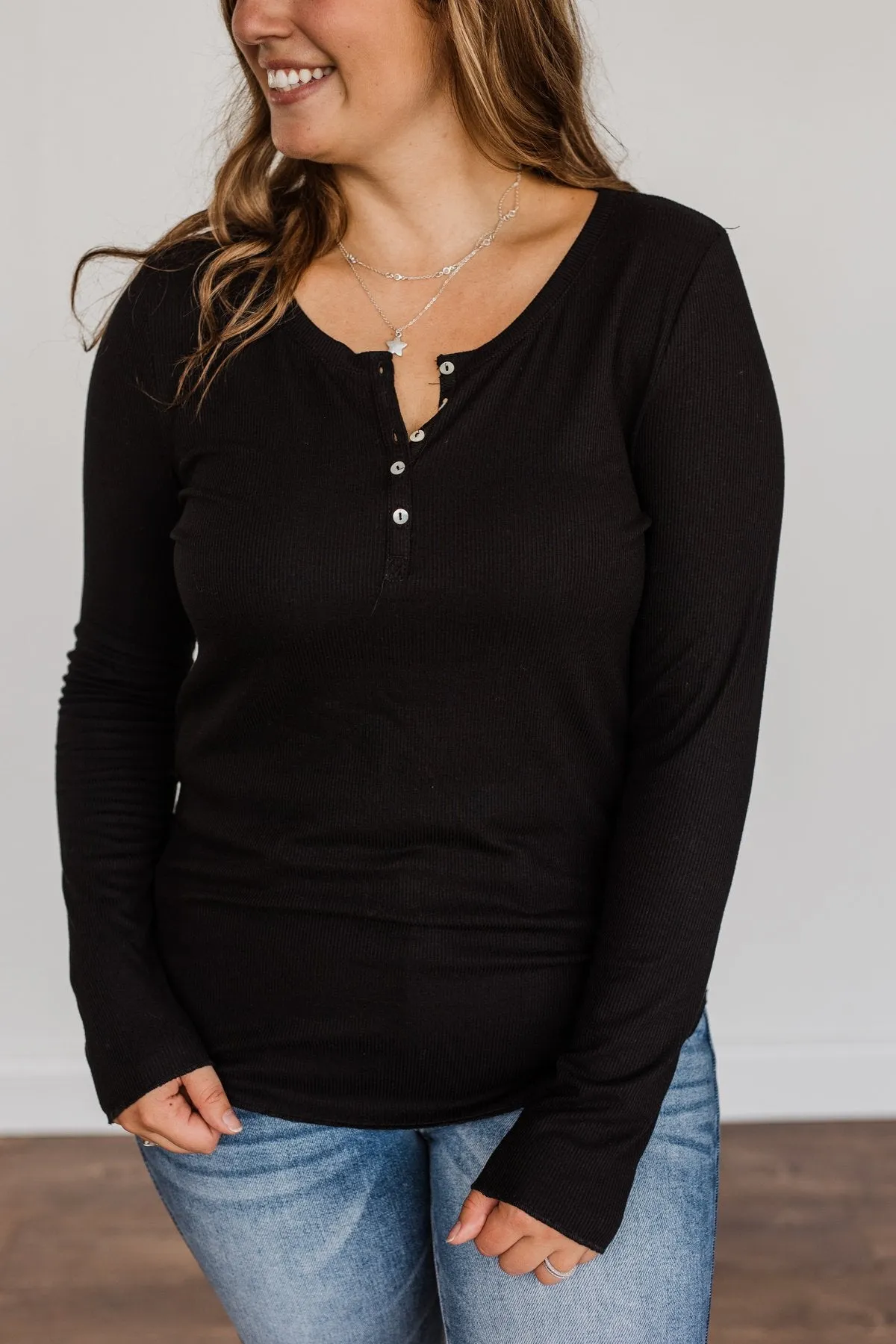 Rise To The Top Long Sleeve Henley Top- Black