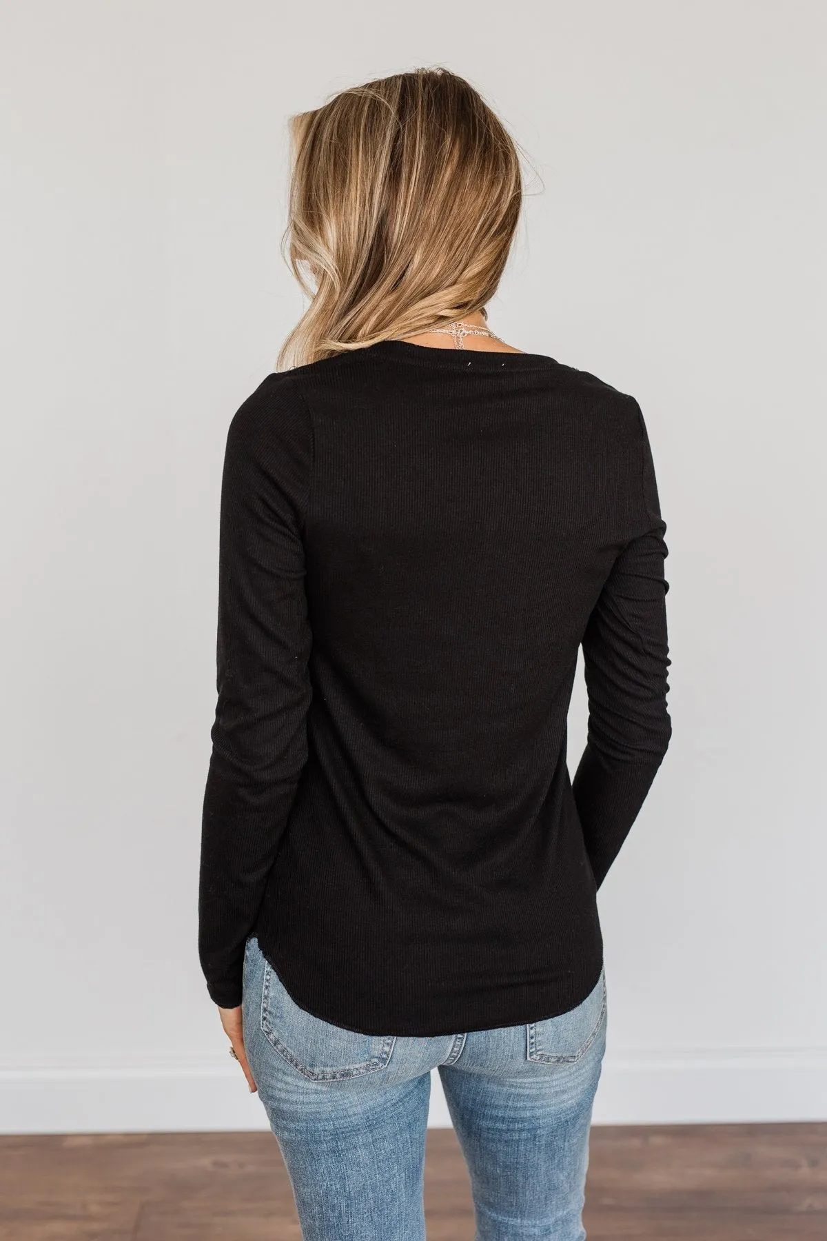 Rise To The Top Long Sleeve Henley Top- Black