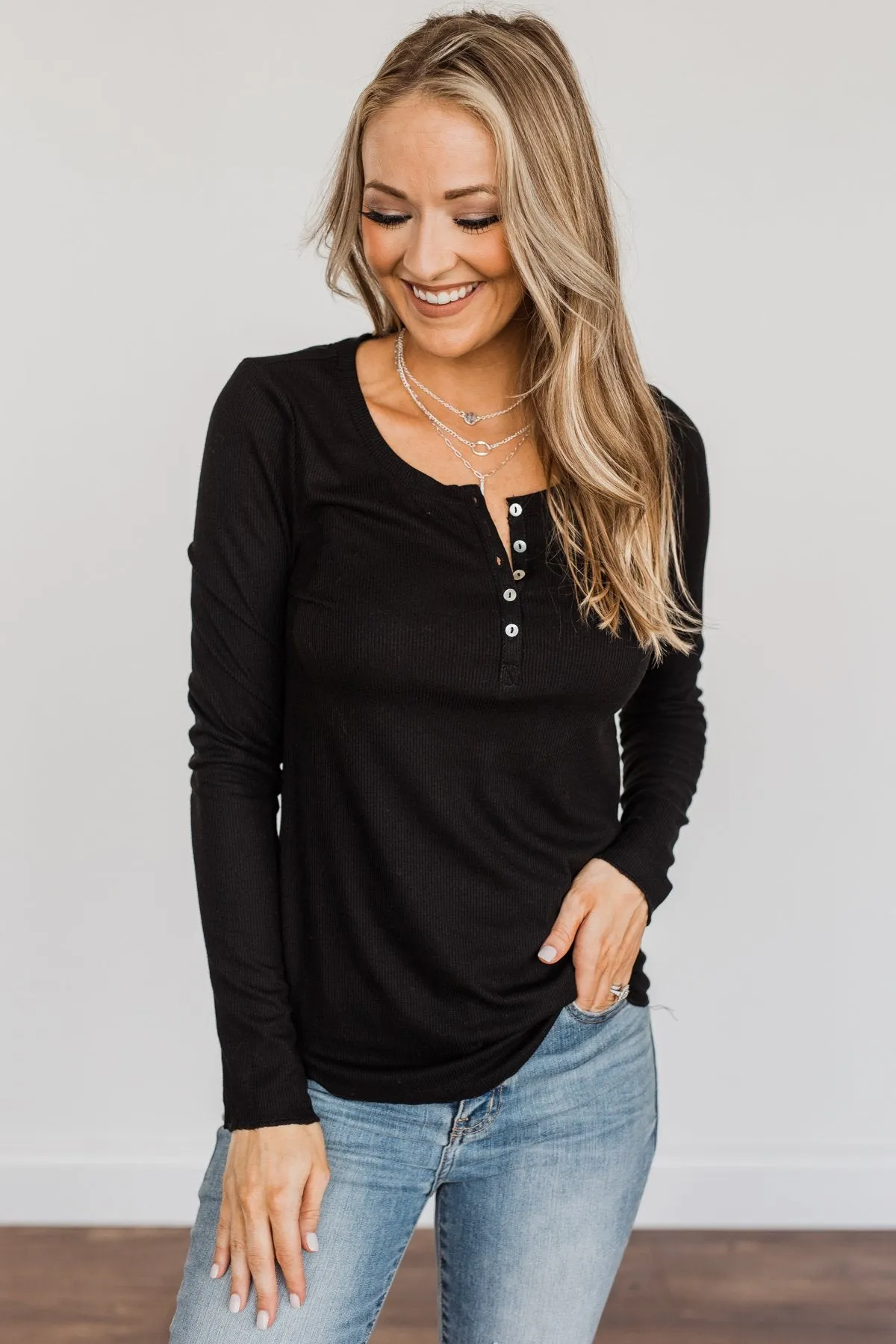 Rise To The Top Long Sleeve Henley Top- Black
