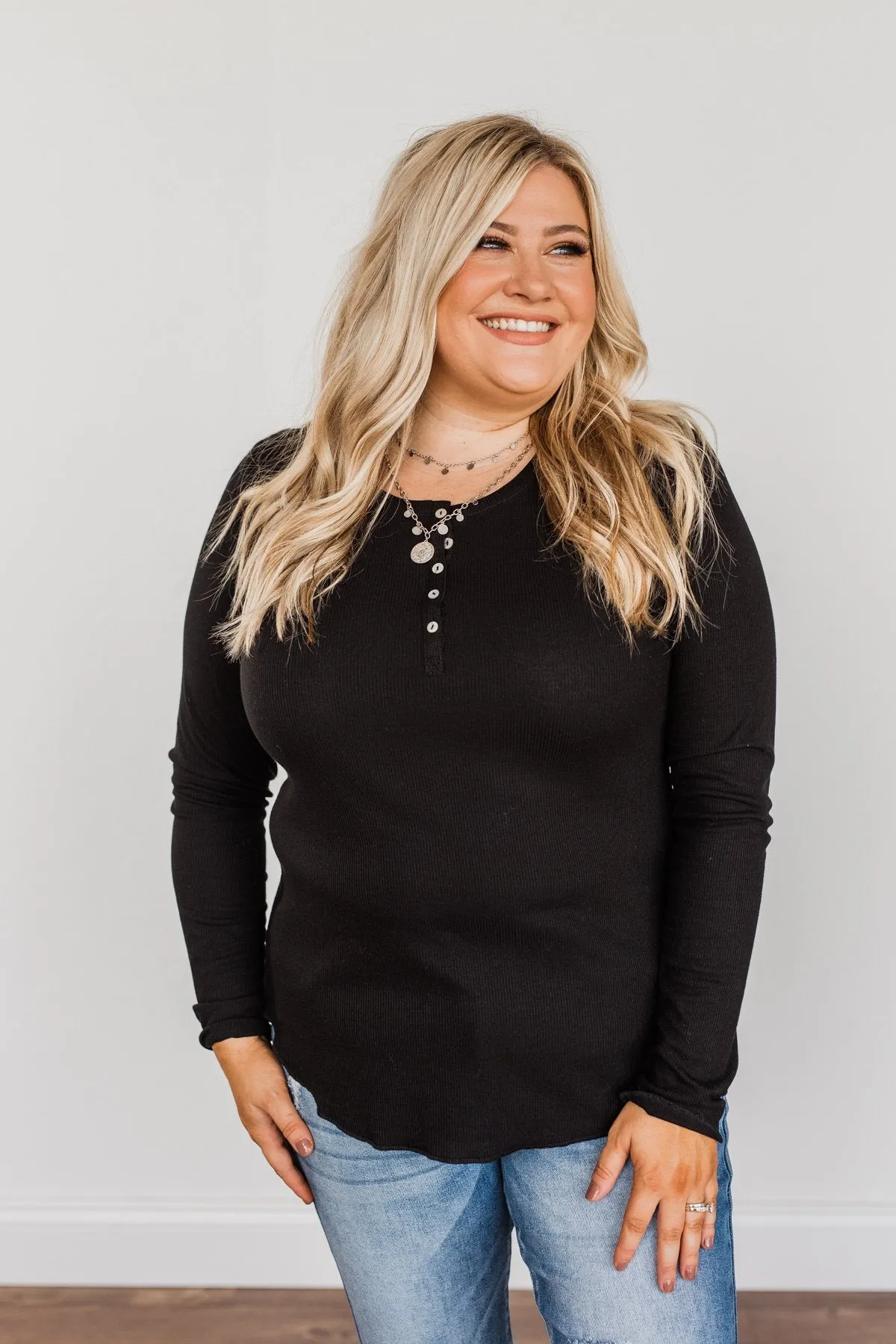 Rise To The Top Long Sleeve Henley Top- Black