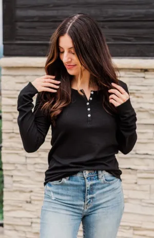Rise To The Top Long Sleeve Henley Top- Black