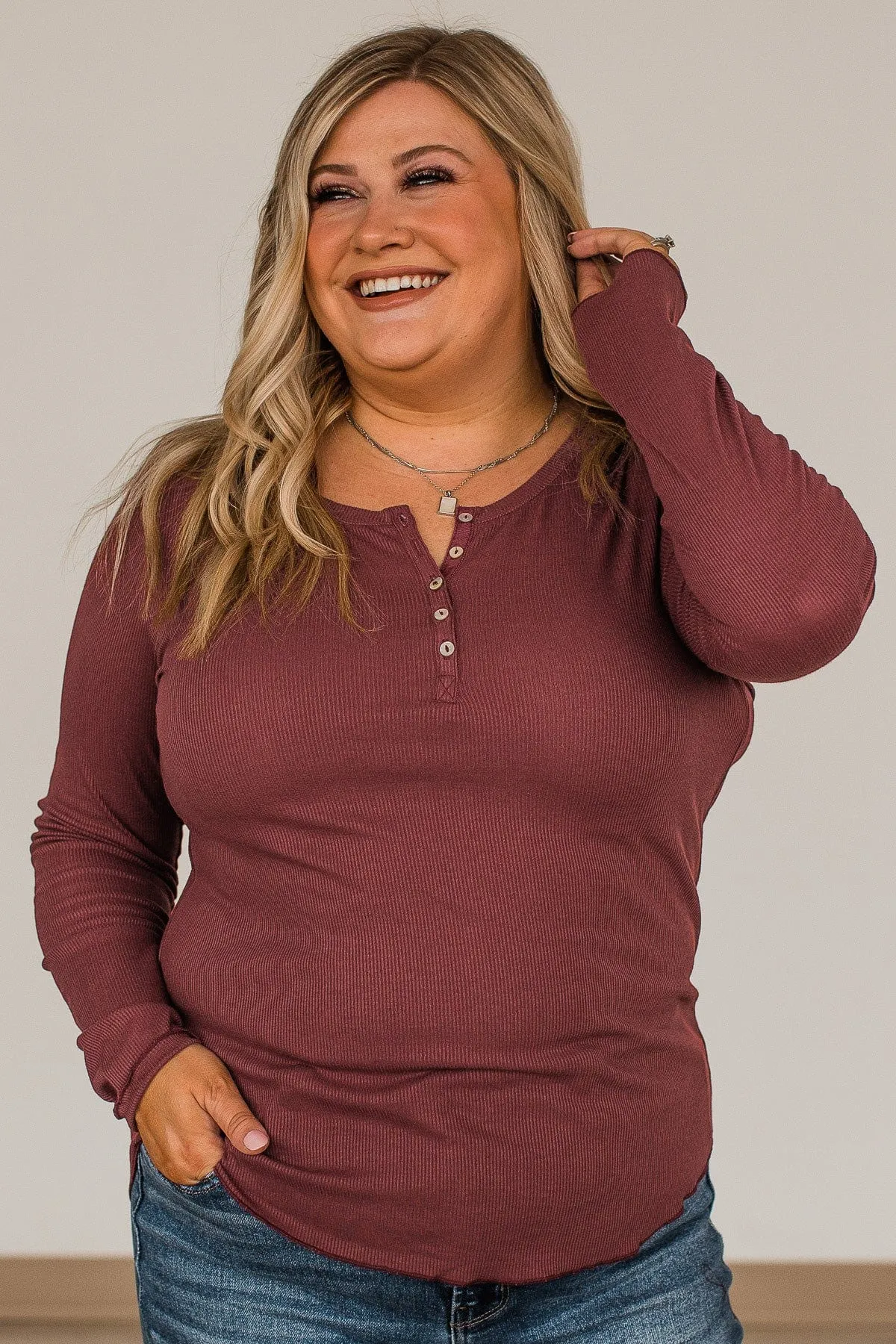 Rise To The Top Long Sleeve Henley Top- Brick