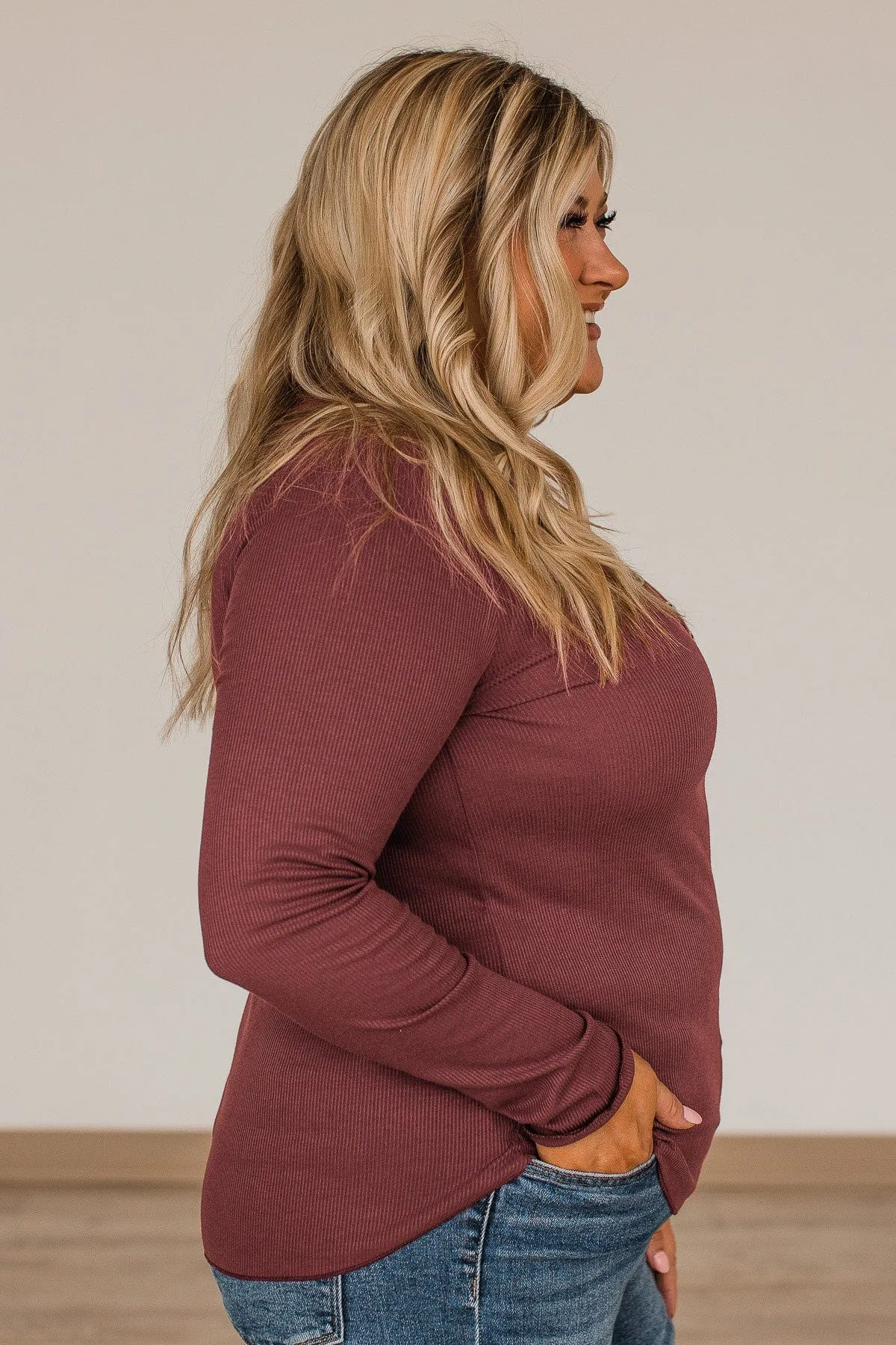 Rise To The Top Long Sleeve Henley Top- Brick