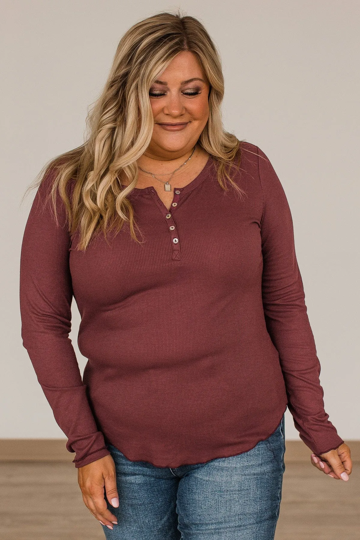 Rise To The Top Long Sleeve Henley Top- Brick