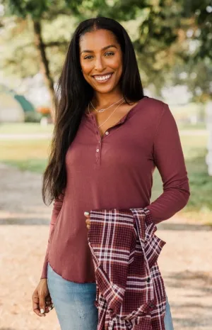 Rise To The Top Long Sleeve Henley Top- Brick