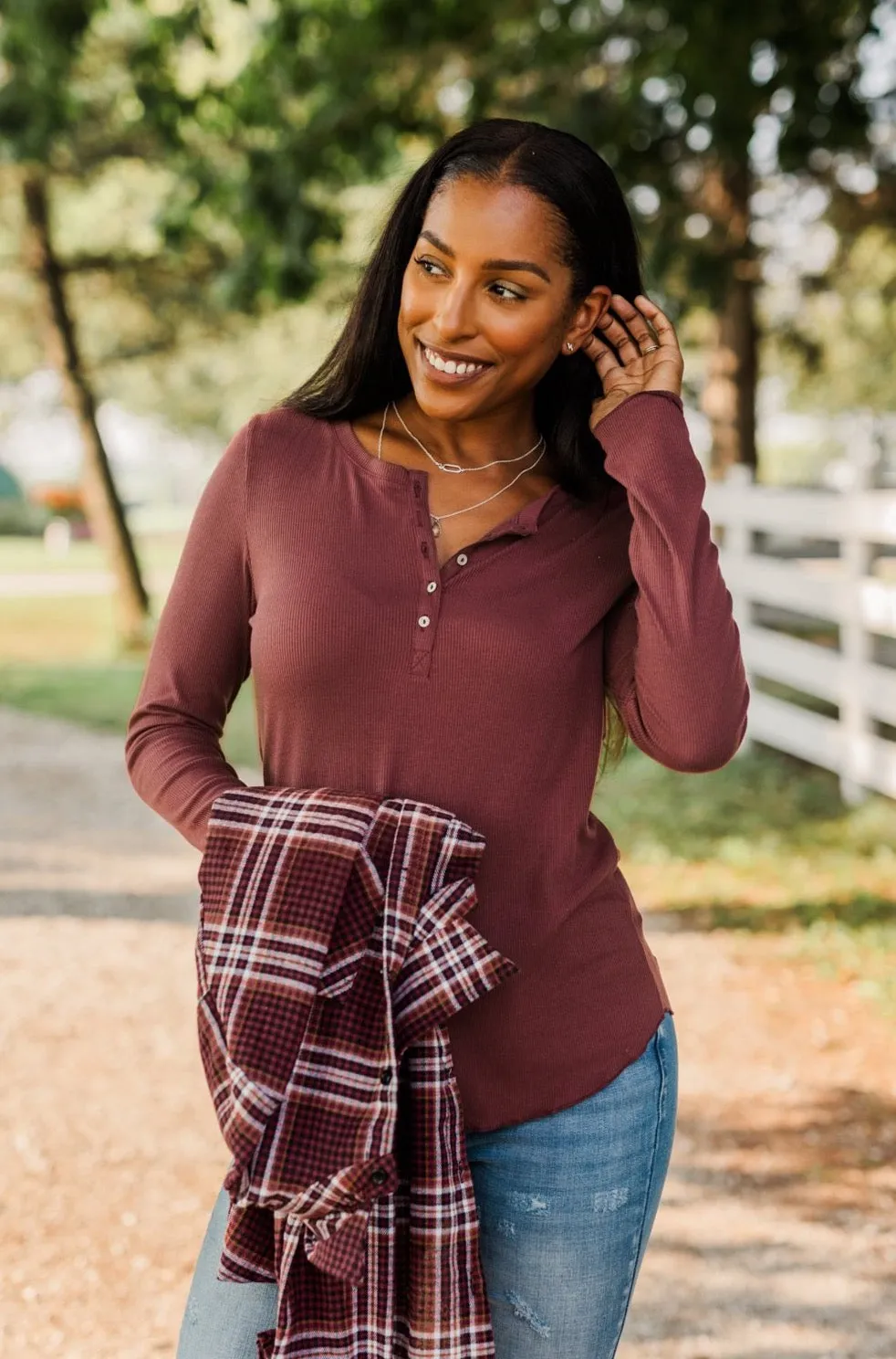Rise To The Top Long Sleeve Henley Top- Brick