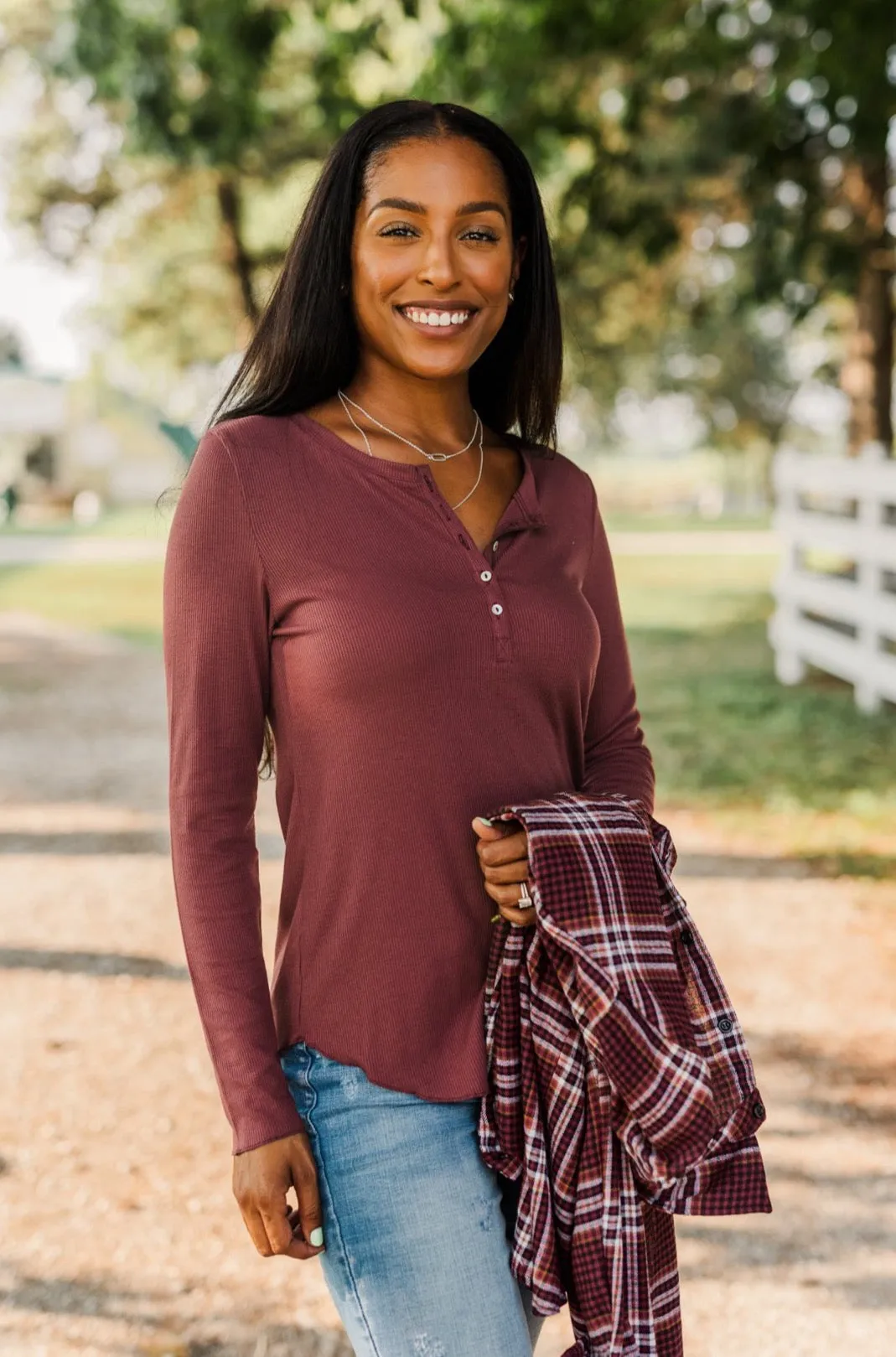 Rise To The Top Long Sleeve Henley Top- Brick
