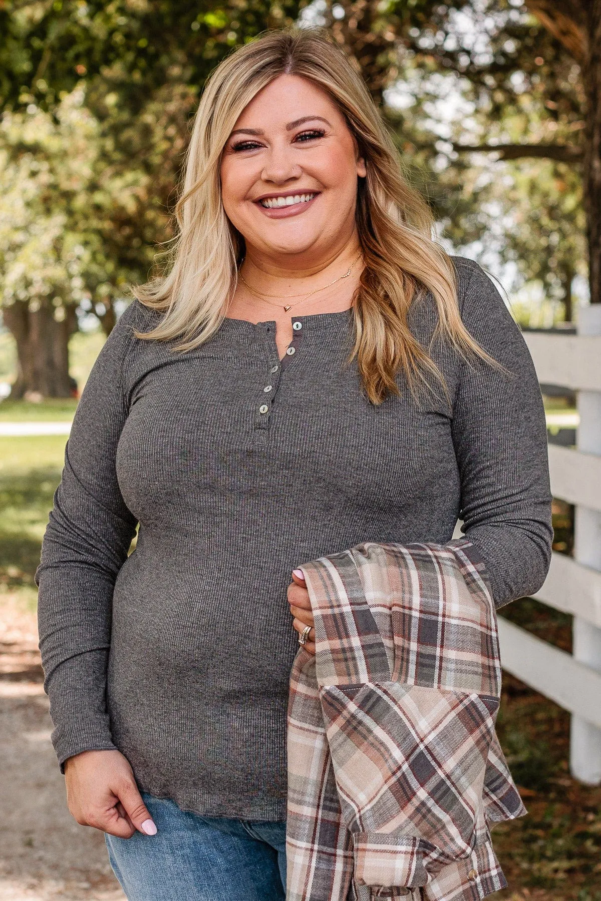 Rise To The Top Long Sleeve Henley Top- Charcoal