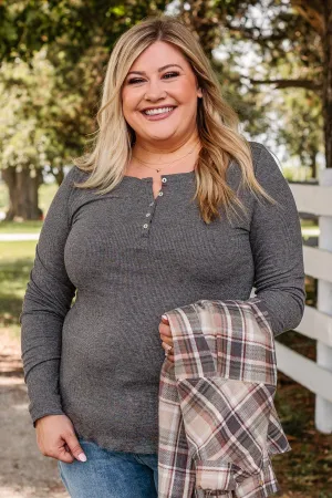 Rise To The Top Long Sleeve Henley Top- Charcoal