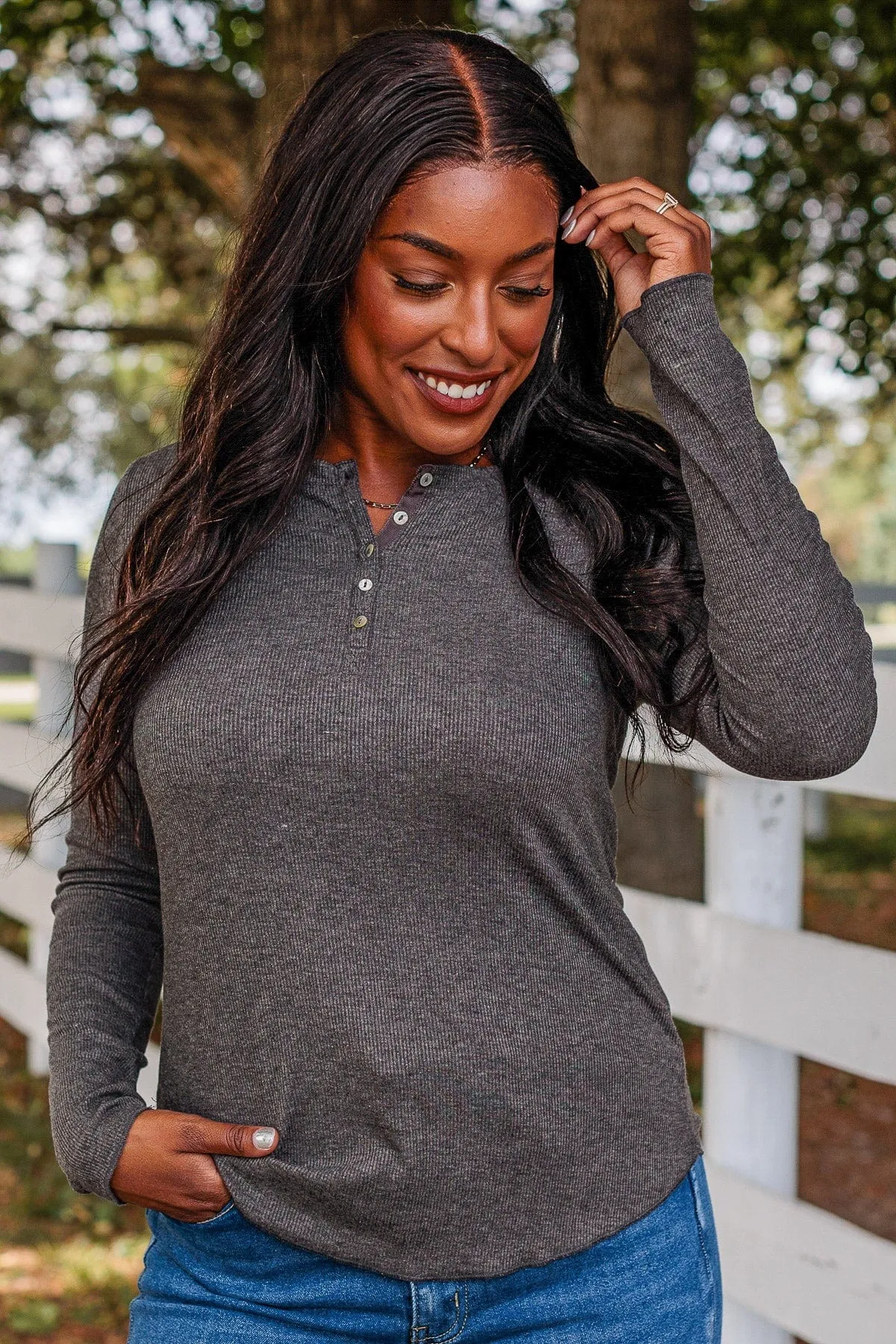 Rise To The Top Long Sleeve Henley Top- Charcoal