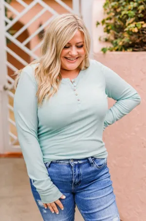 Rise To The Top Long Sleeve Henley Top- Light Mint