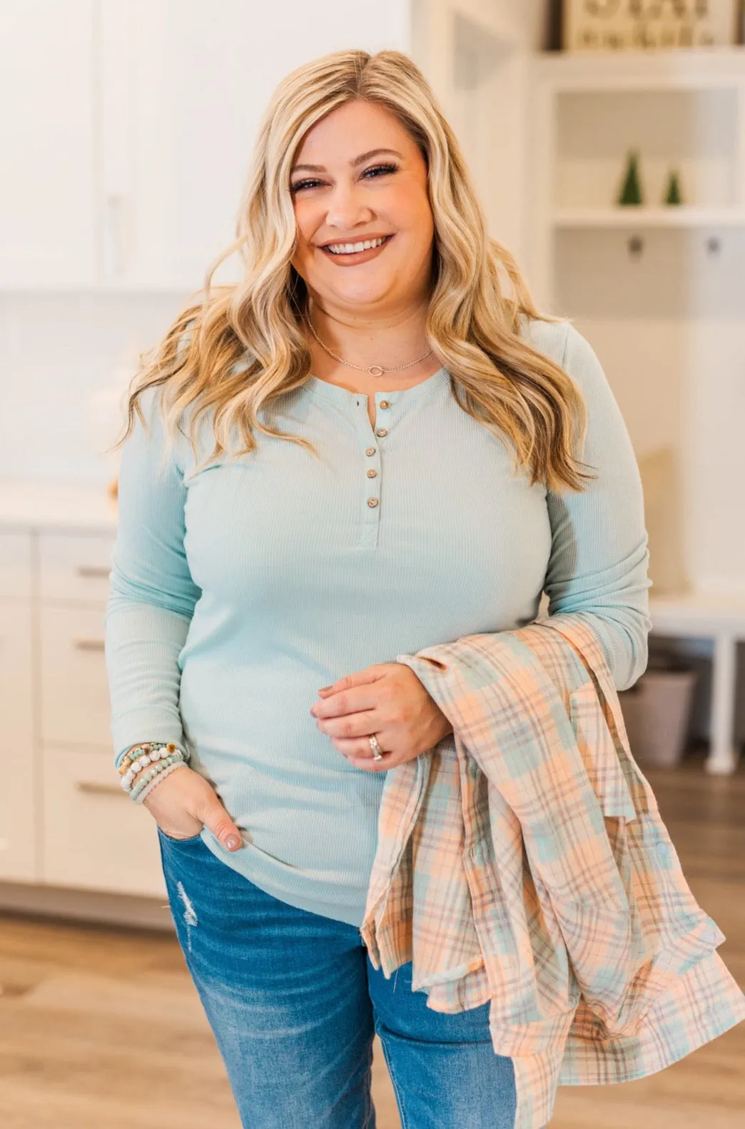 Rise To The Top Long Sleeve Henley Top- Light Mint