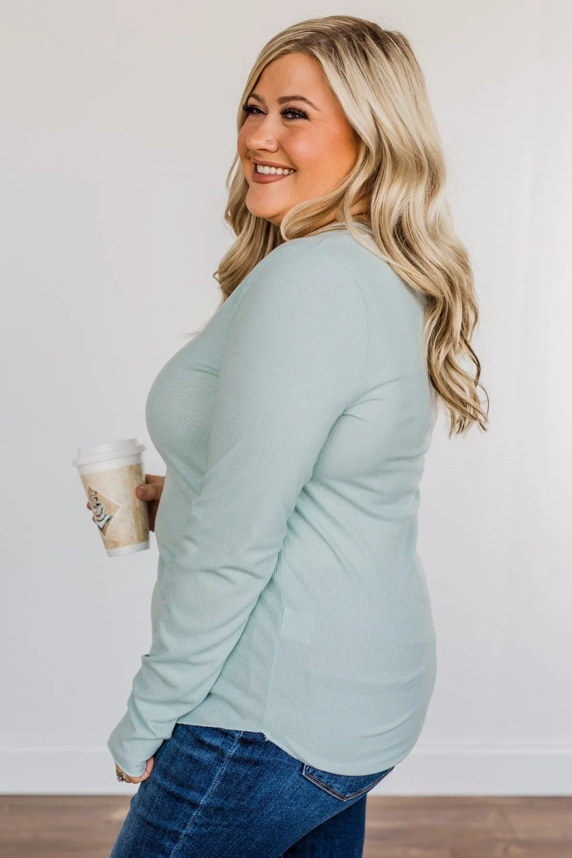 Rise To The Top Long Sleeve Henley Top- Light Mint
