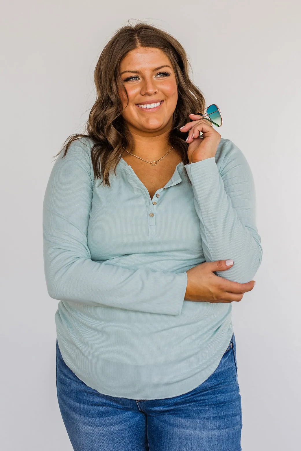 Rise To The Top Long Sleeve Henley Top- Light Mint