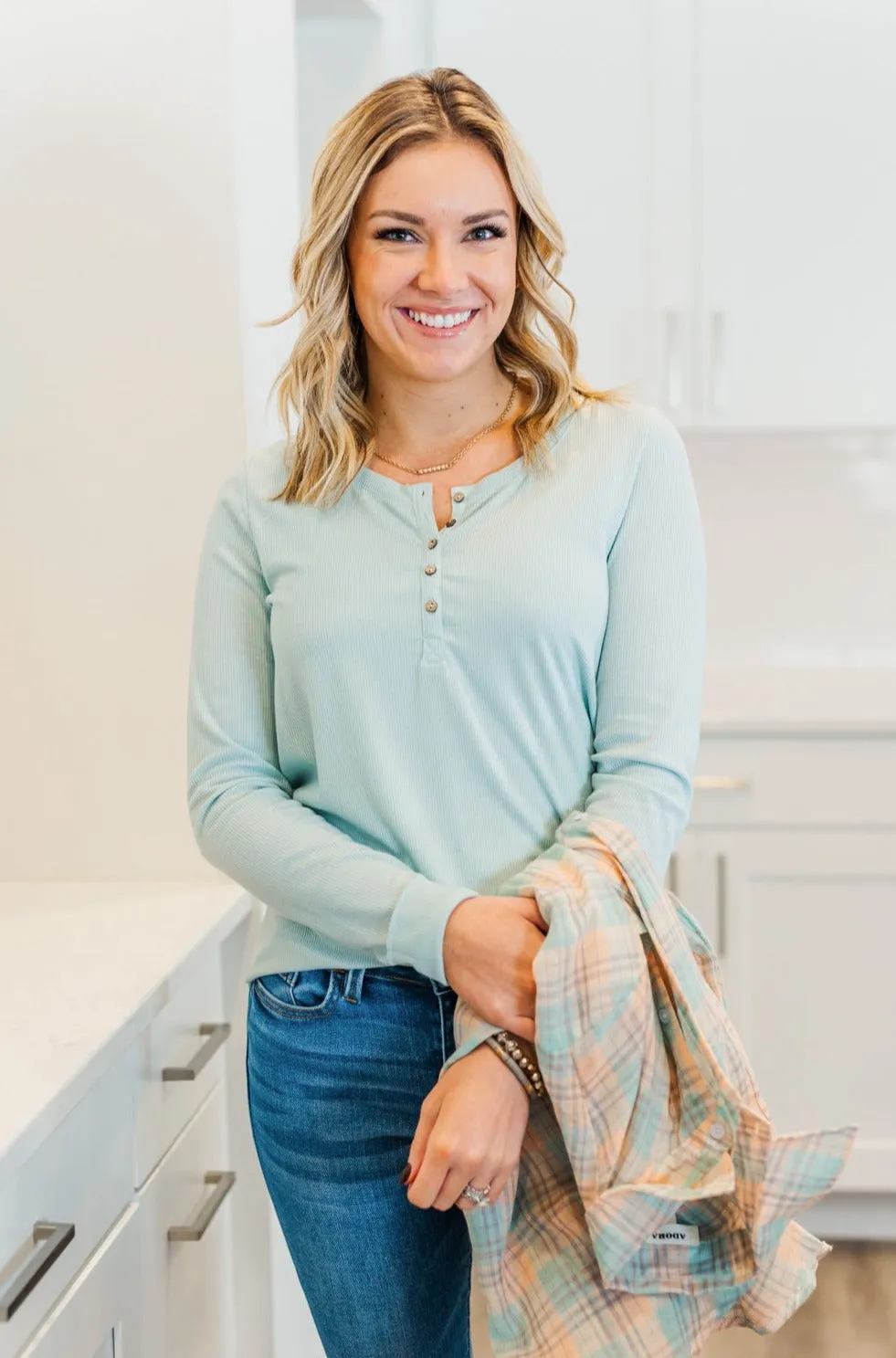 Rise To The Top Long Sleeve Henley Top- Light Mint