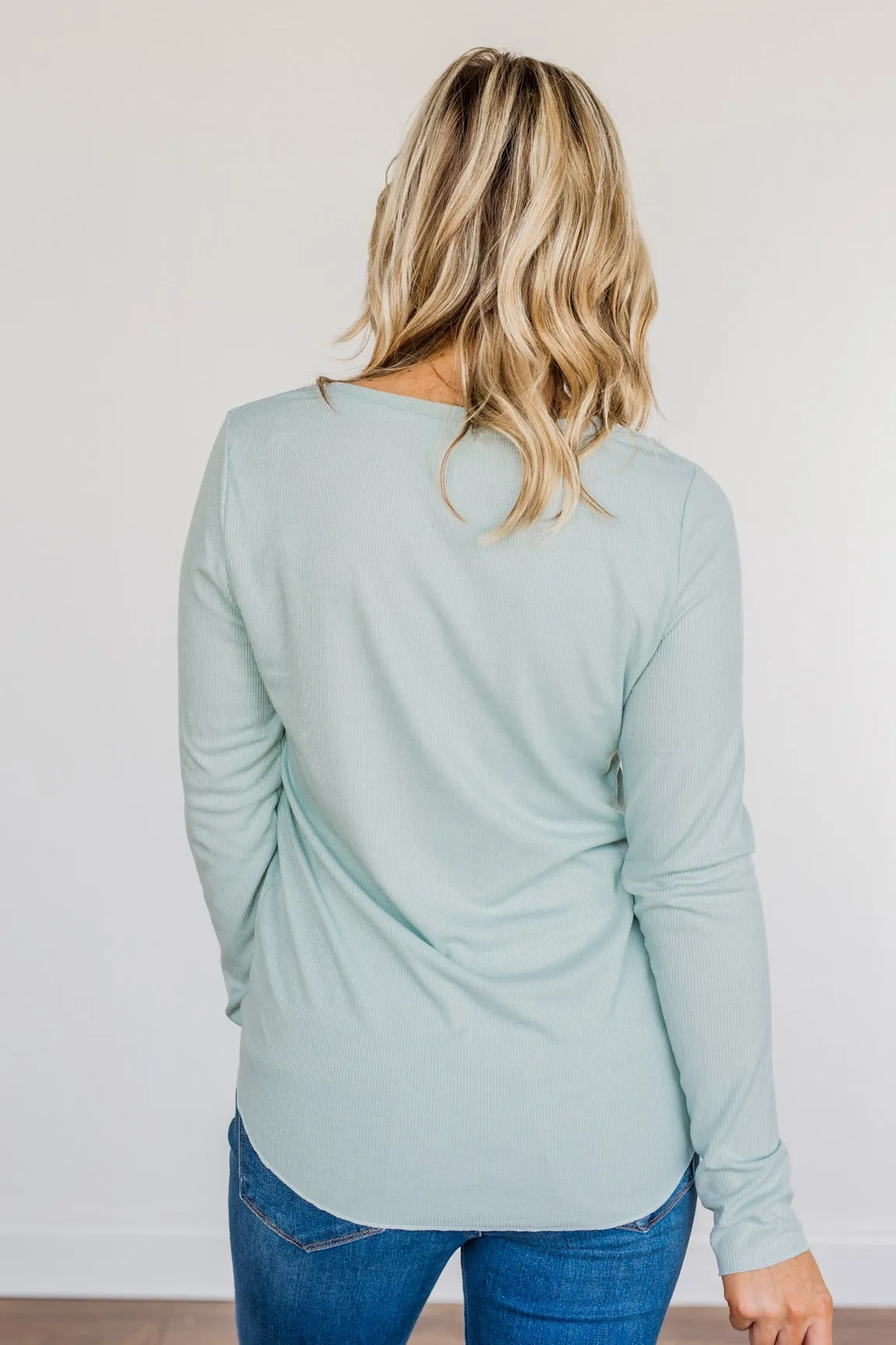 Rise To The Top Long Sleeve Henley Top- Light Mint