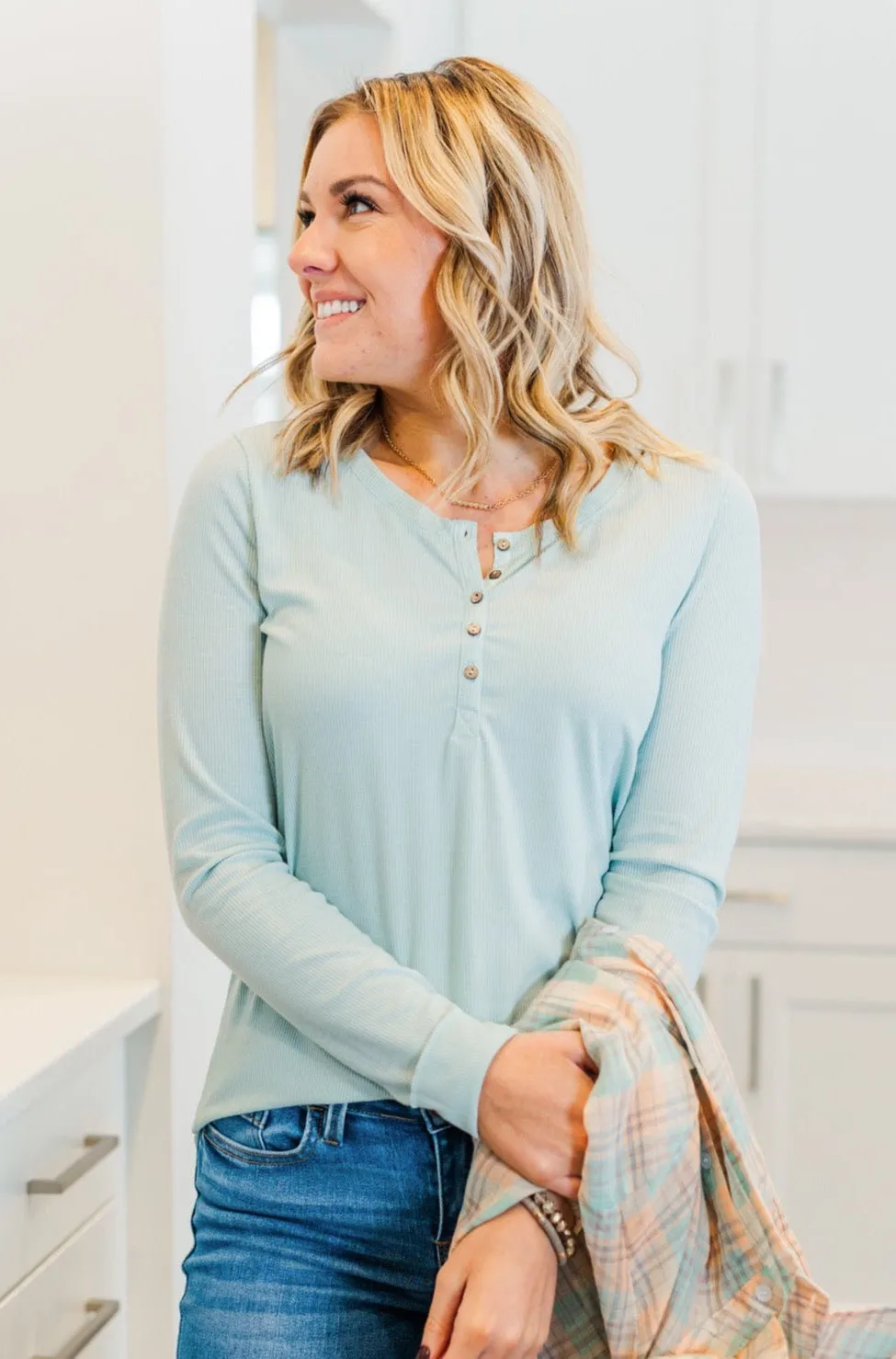 Rise To The Top Long Sleeve Henley Top- Light Mint