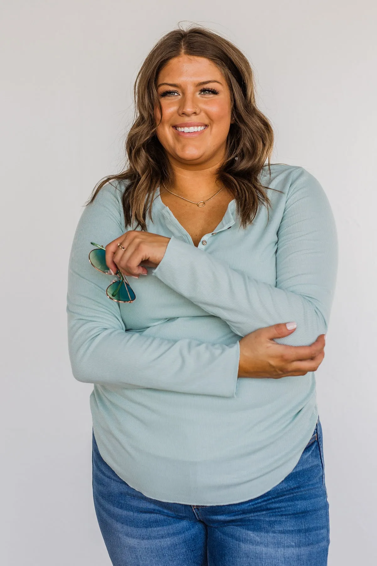 Rise To The Top Long Sleeve Henley Top- Light Mint
