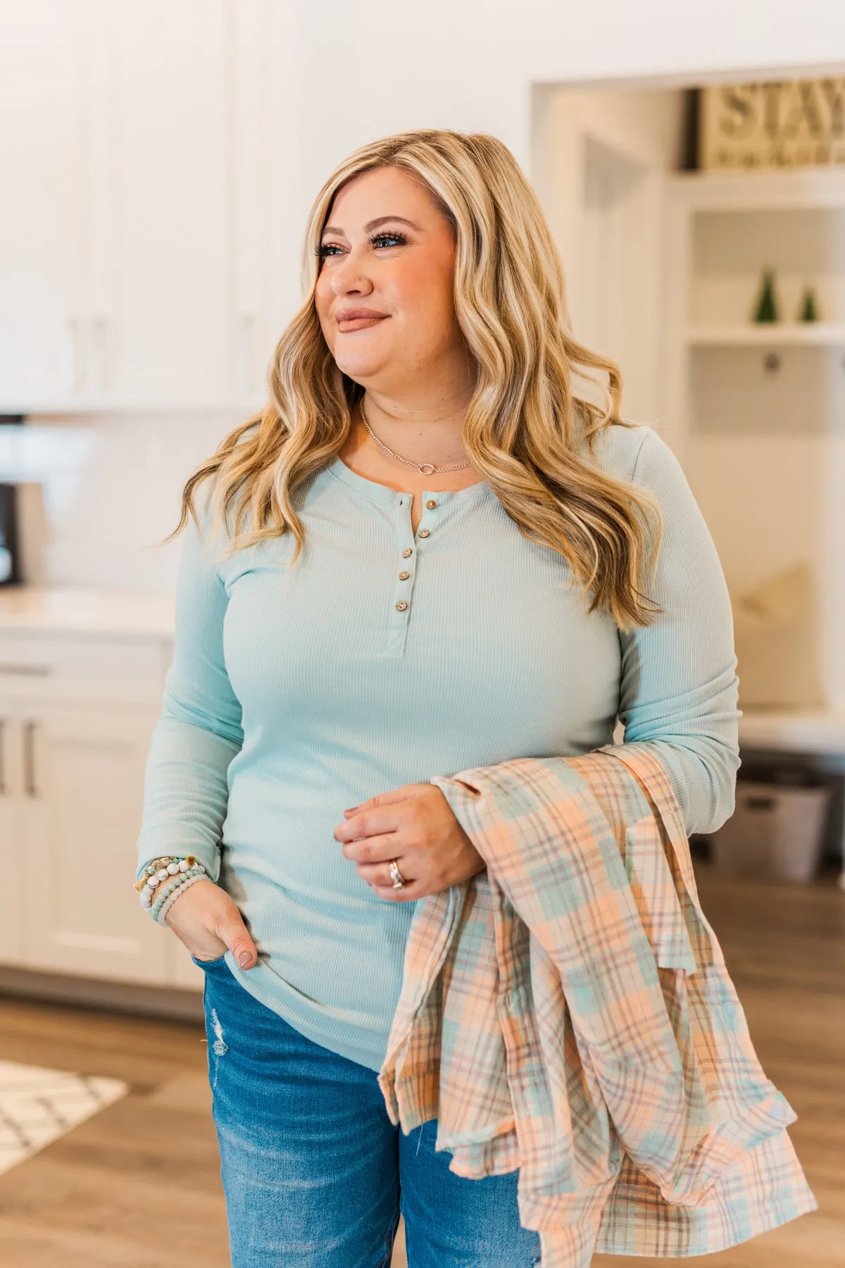 Rise To The Top Long Sleeve Henley Top- Light Mint