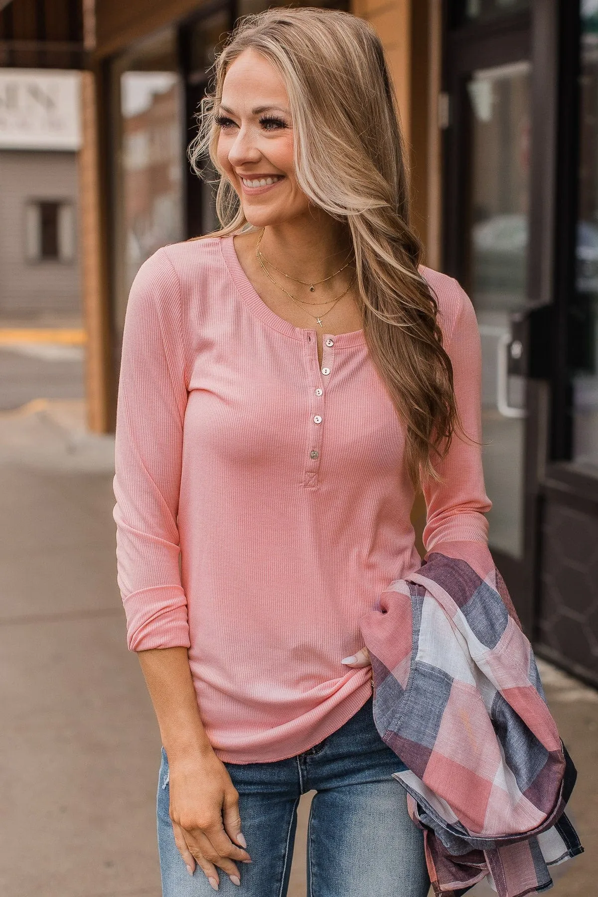 Rise To The Top Long Sleeve Henley Top- Pink