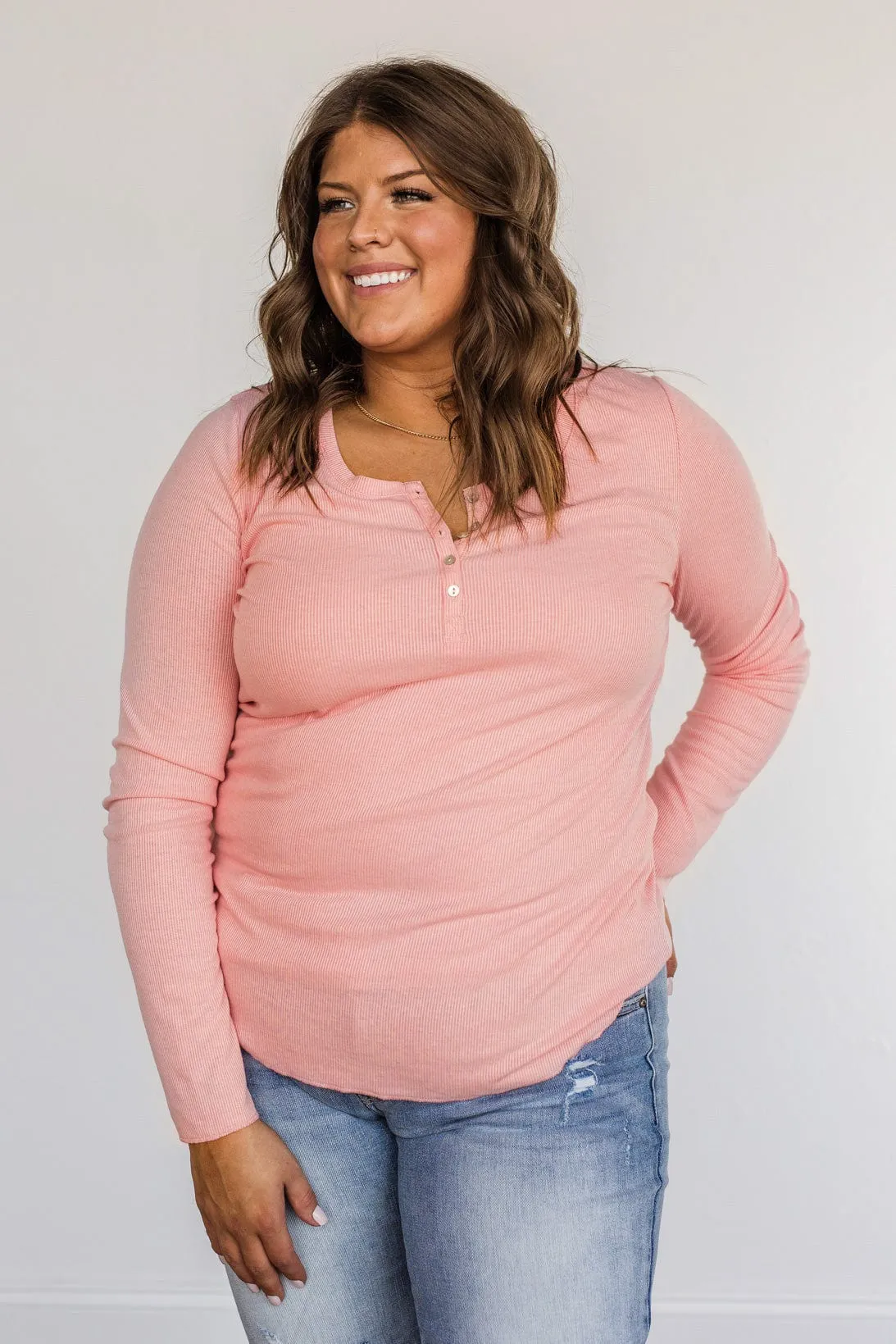 Rise To The Top Long Sleeve Henley Top- Pink