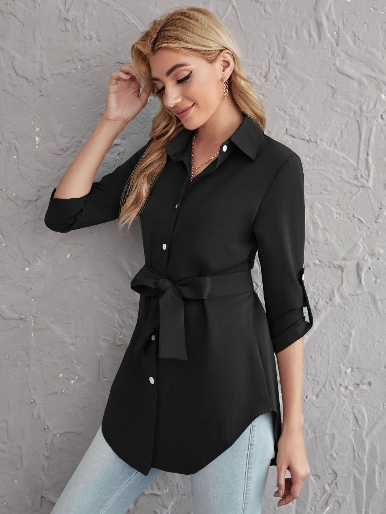 Rolled Tab Sleeve Self Belted Blouse