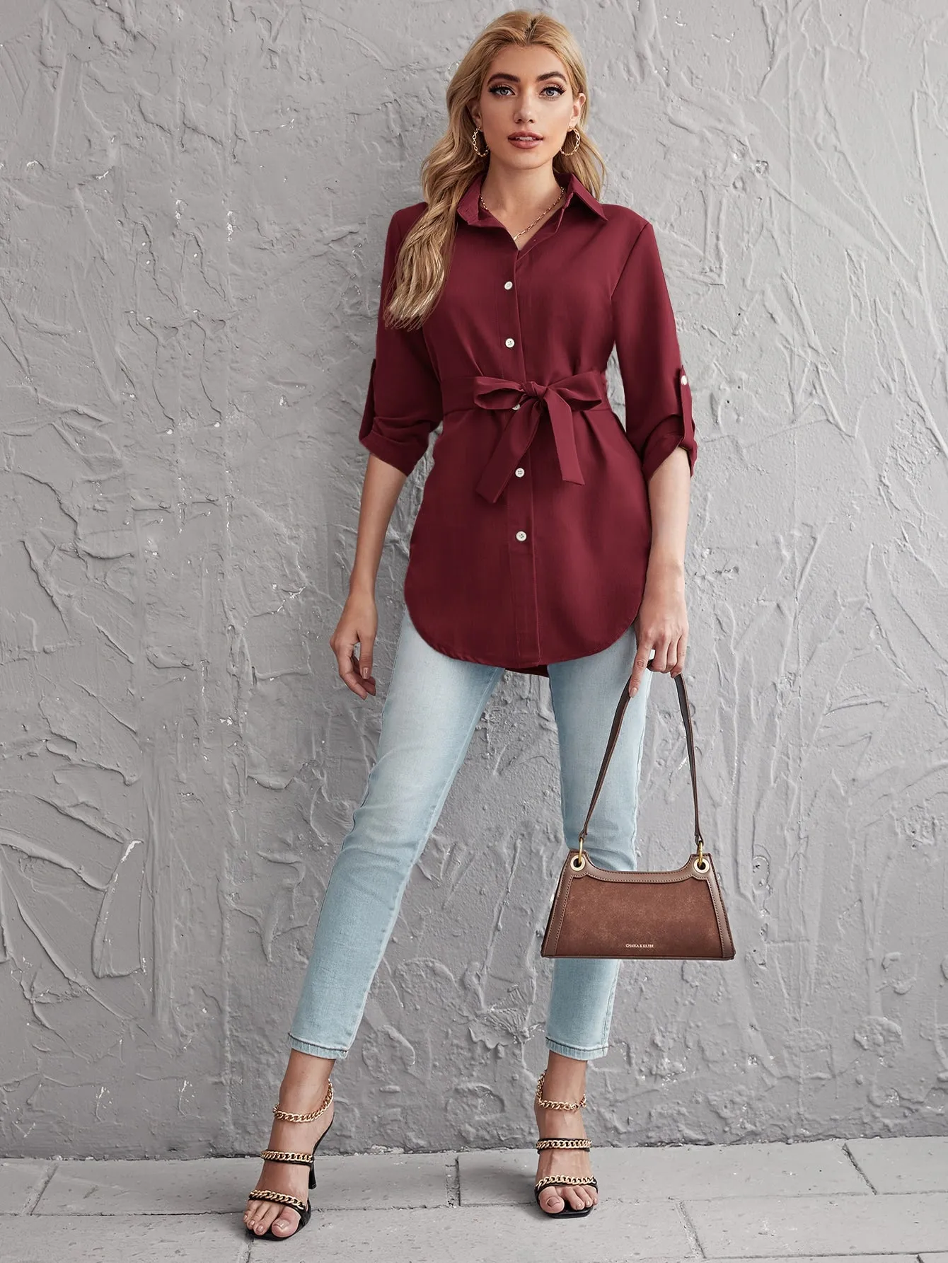 Rolled Tab Sleeve Self Belted Blouse
