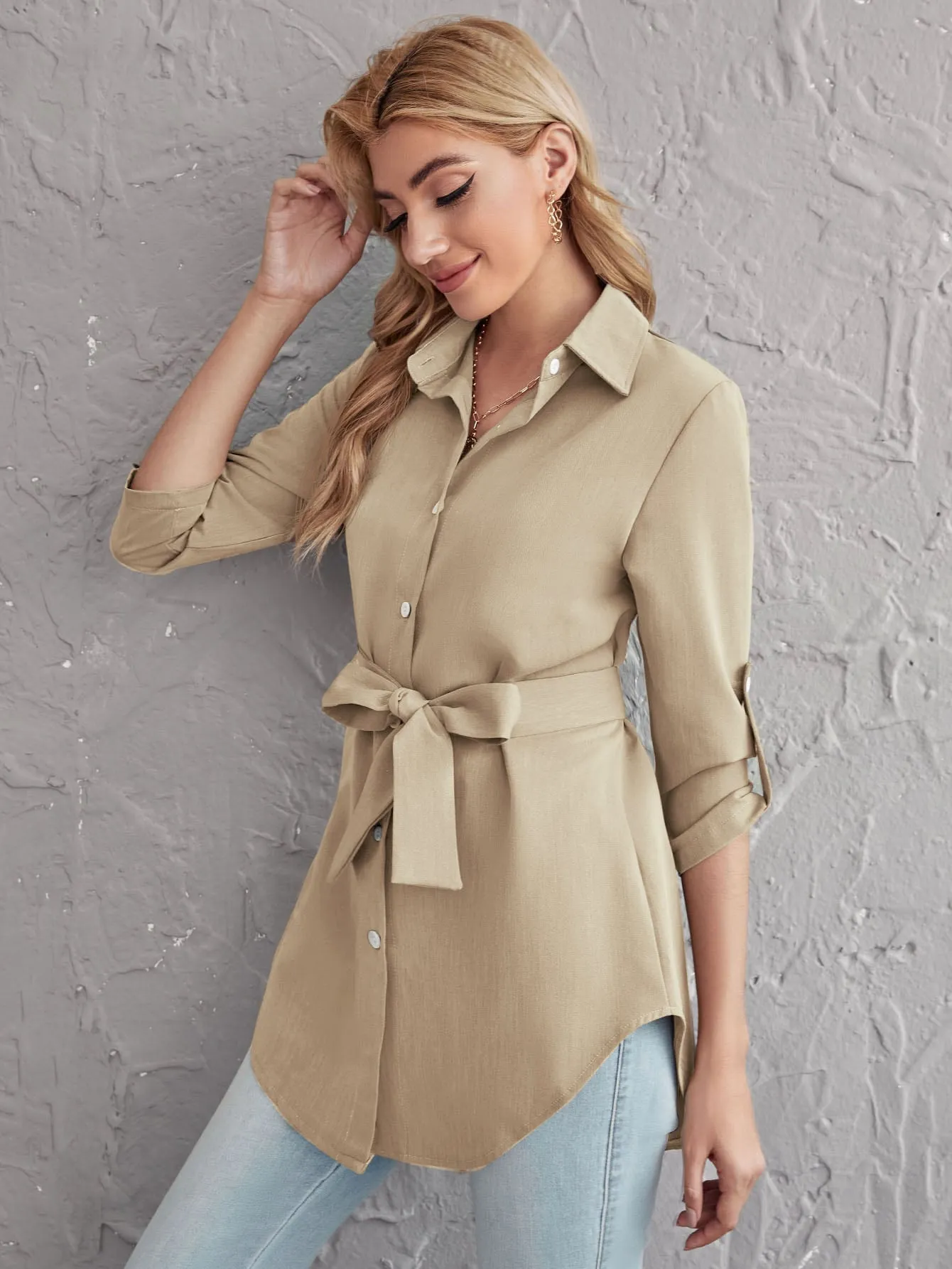 Rolled Tab Sleeve Self Belted Blouse