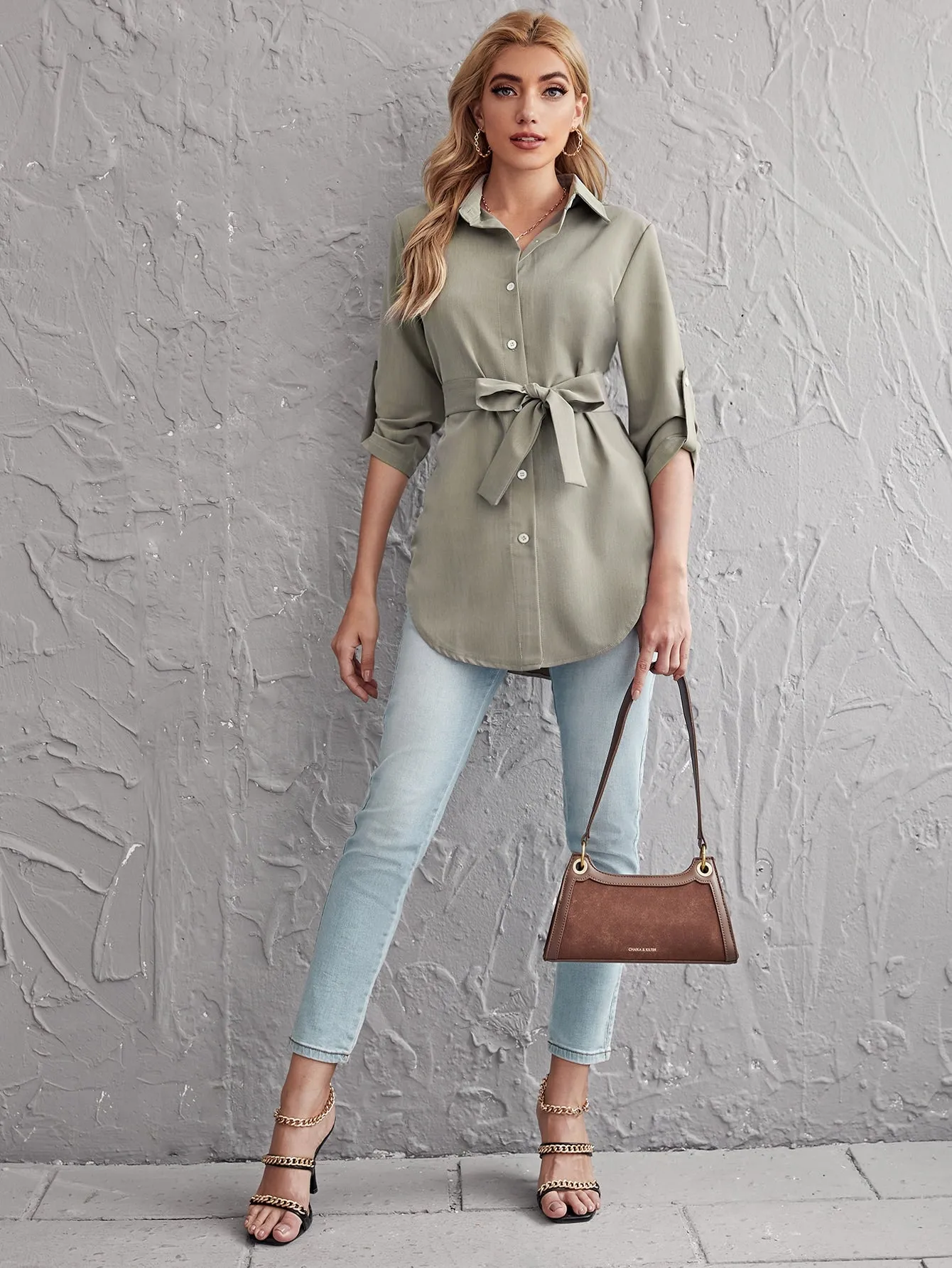 Rolled Tab Sleeve Self Belted Blouse
