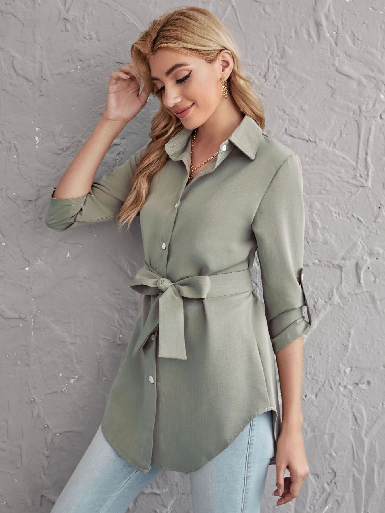 Rolled Tab Sleeve Self Belted Blouse