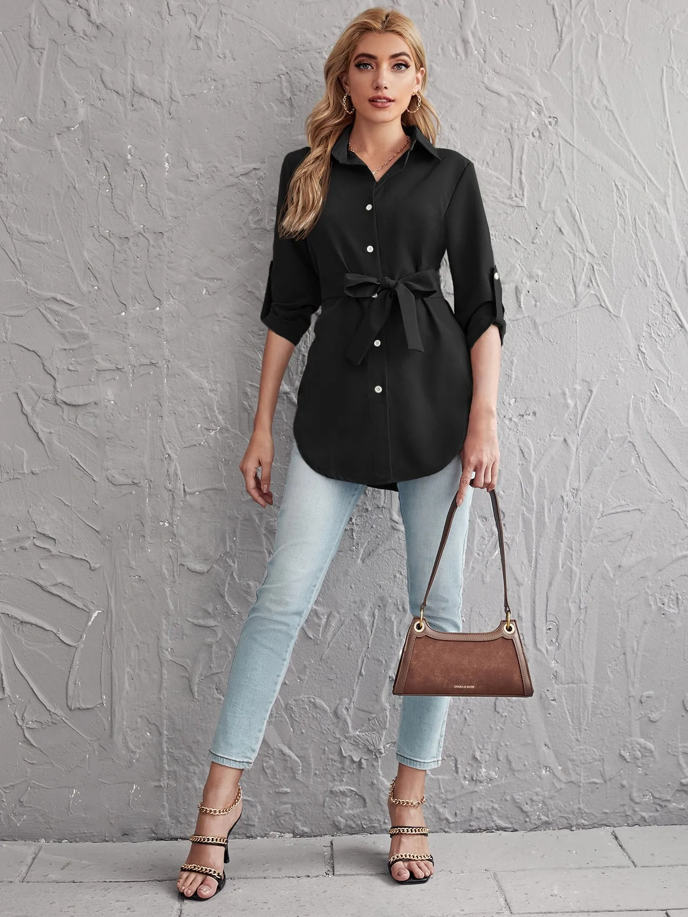 Rolled Tab Sleeve Self Belted Blouse
