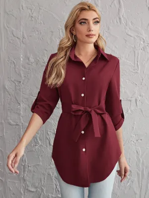 Rolled Tab Sleeve Self Belted Blouse
