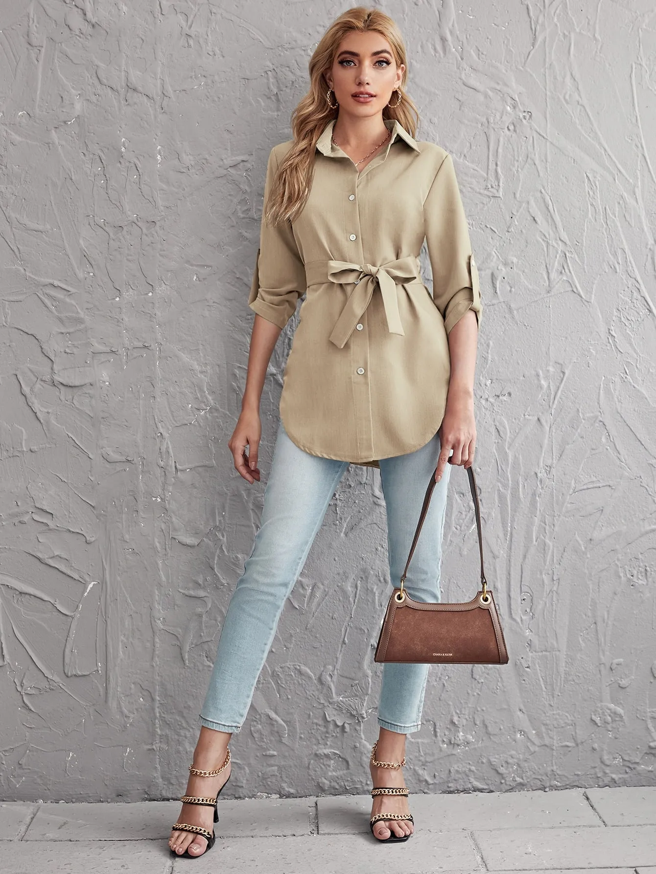 Rolled Tab Sleeve Self Belted Blouse